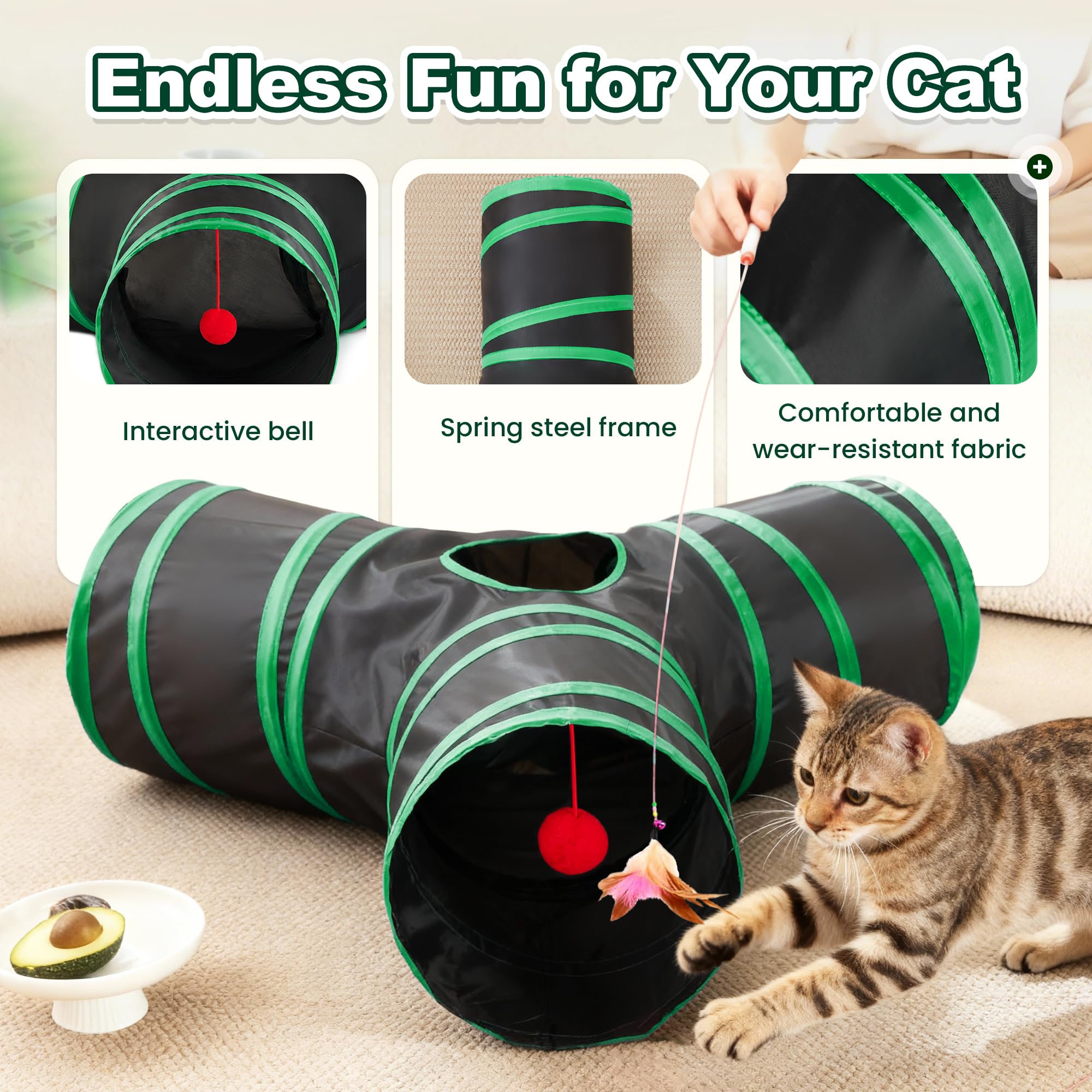 Love's cabin cat-tunnel-spring-frame provides durable, safe structure for energetic games.