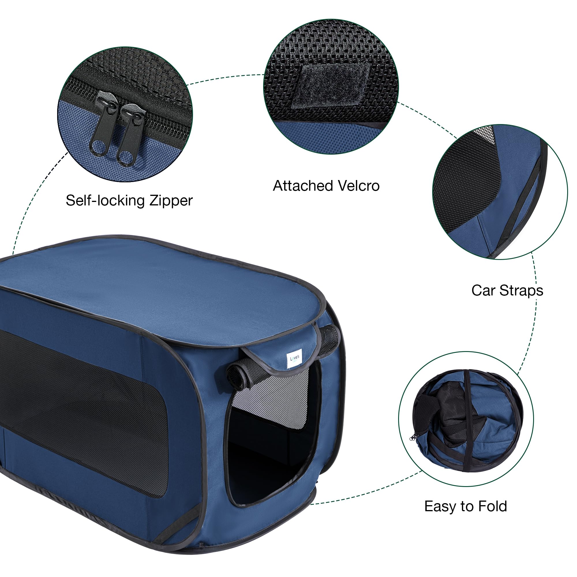 Love's cabin collapsible portable kennel packed for trips and storage.