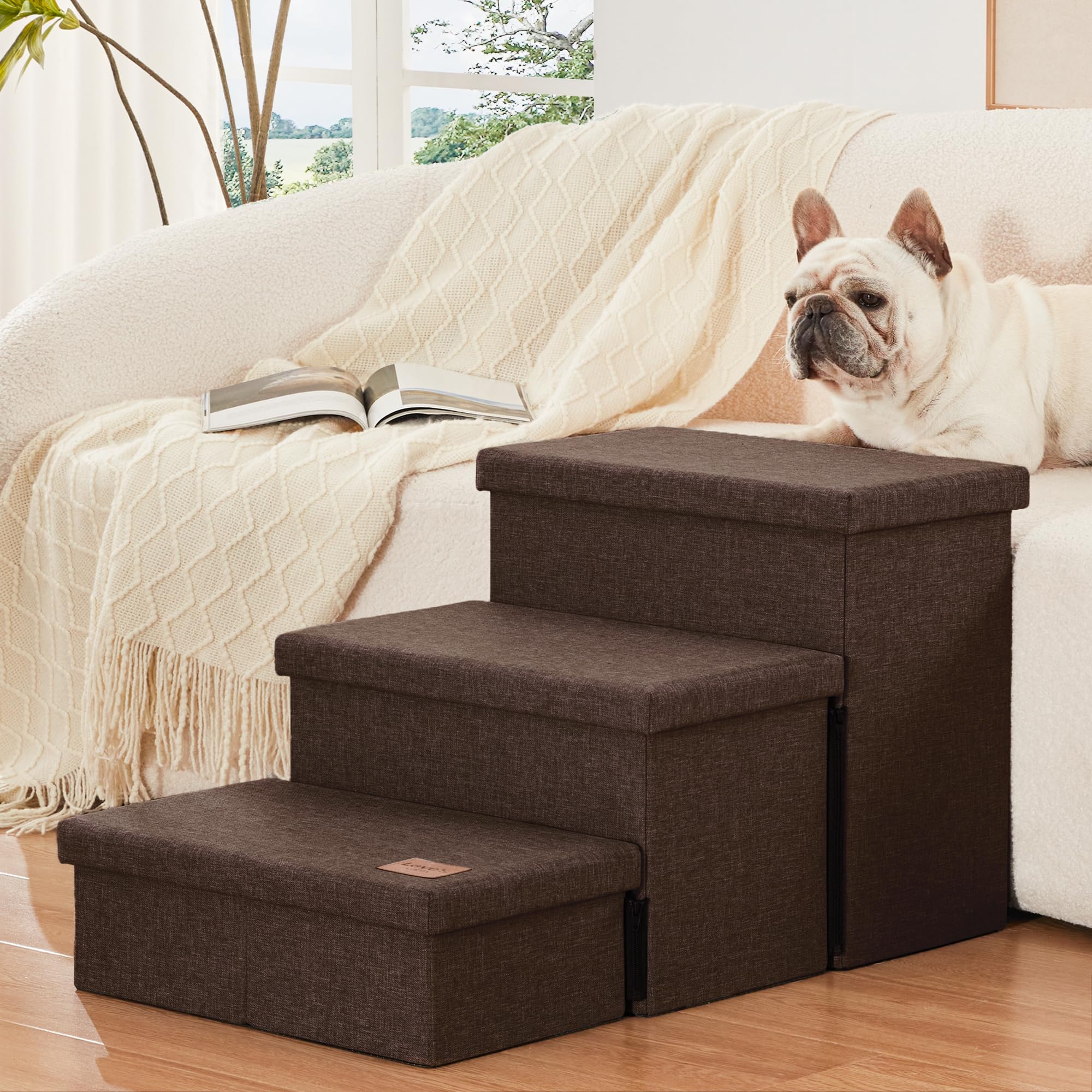 Love's cabin dog stairs support up to 200 lbs for larger dogs.