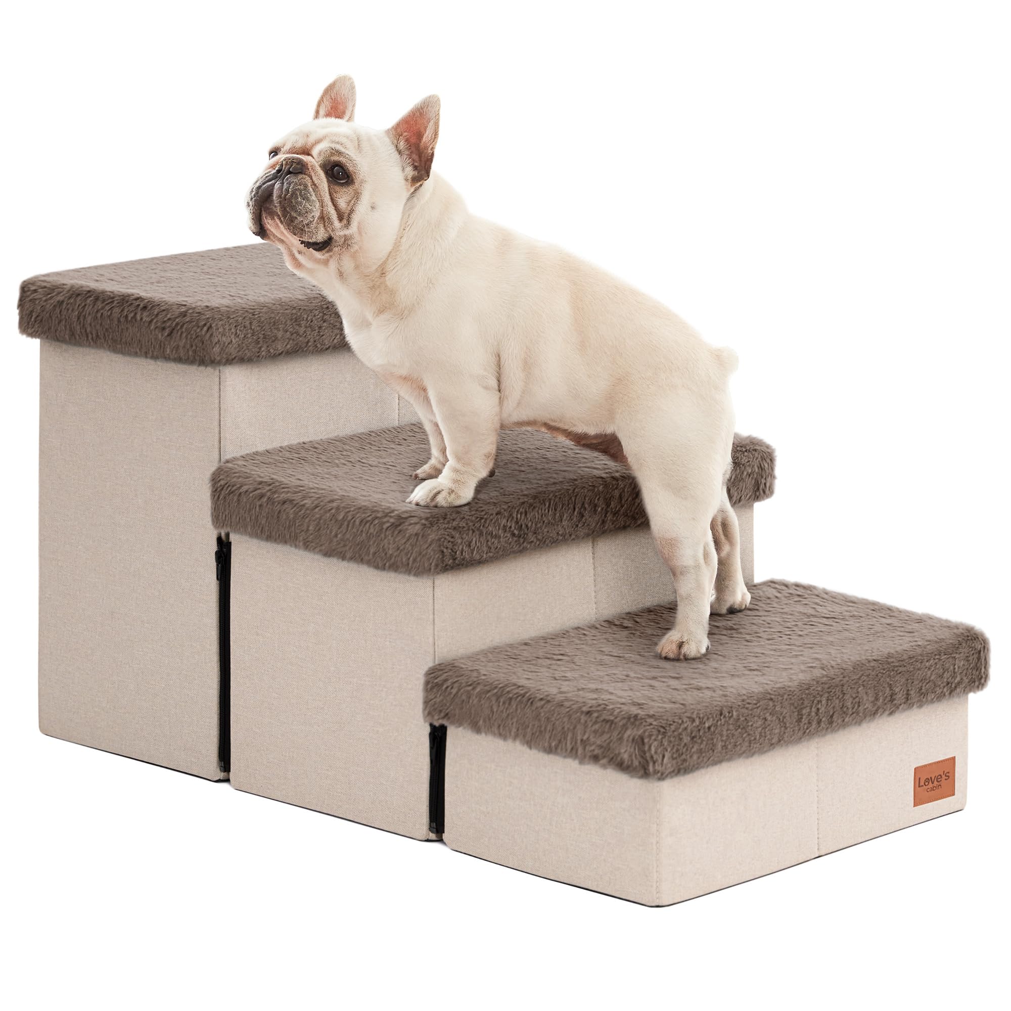 Love's cabin dog stairs in brown beside bed for easy access and joint support.