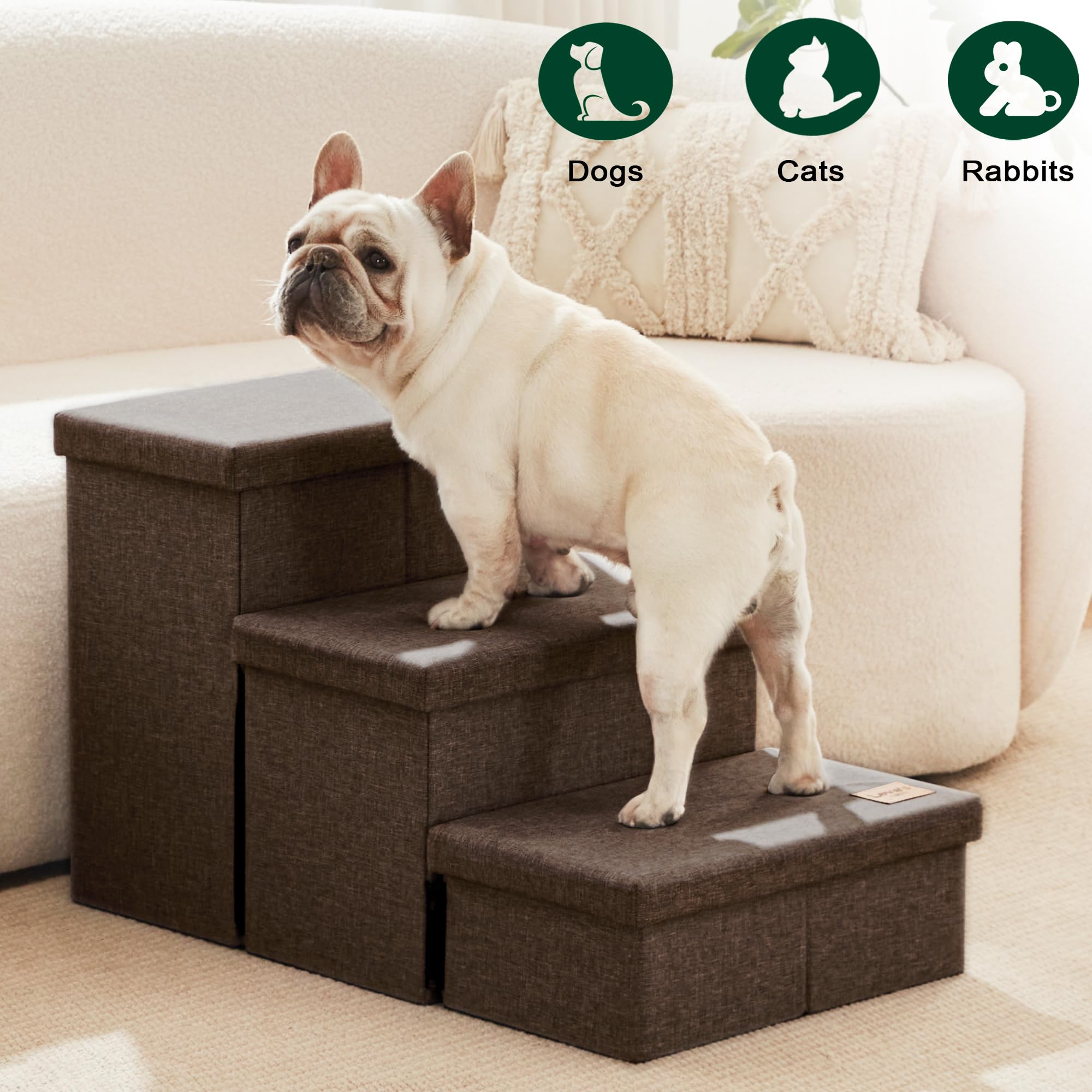 Love's cabin dog stairs coffee color blends with decor.