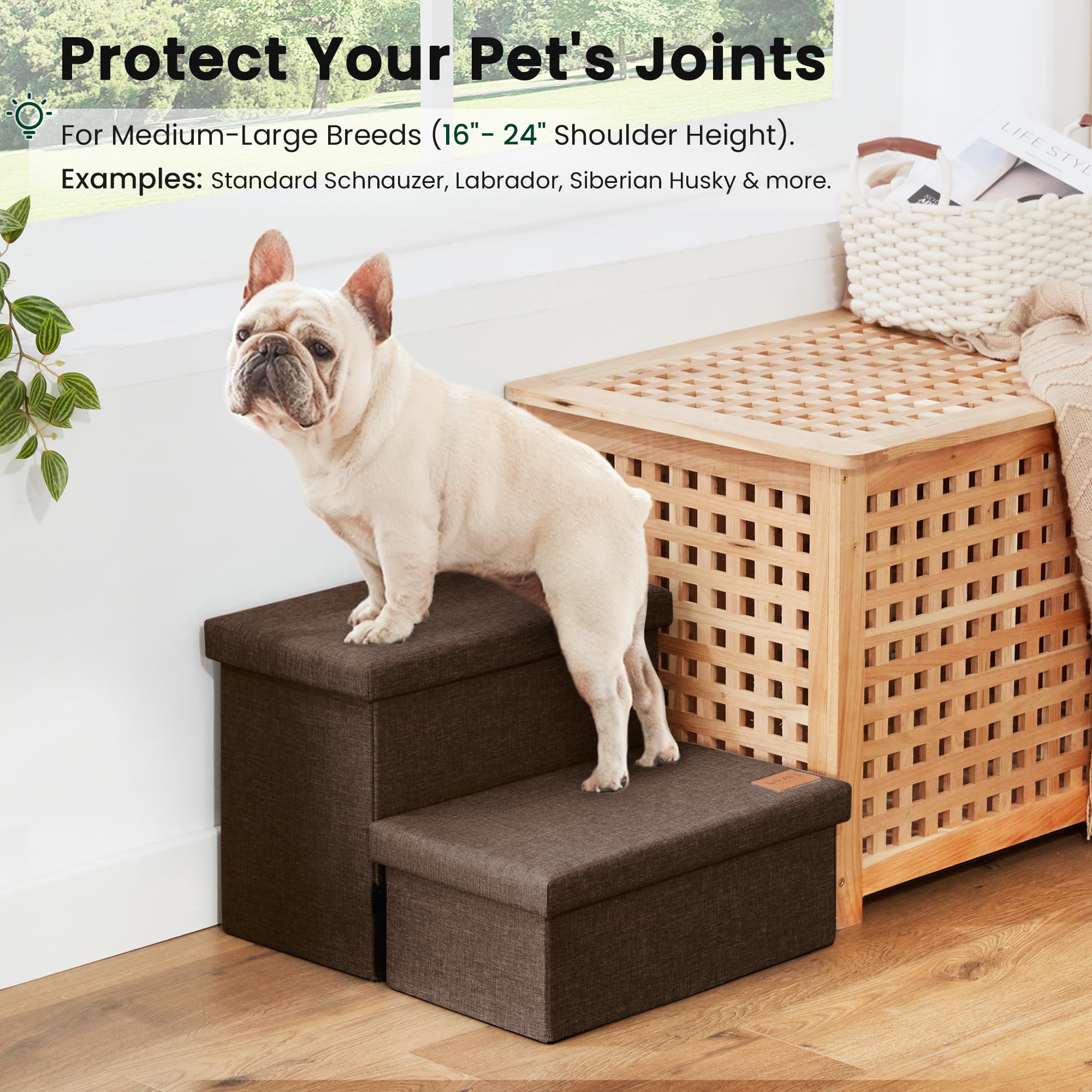 Love's cabin dog stairs fabric and MDF frame for durable comfort.