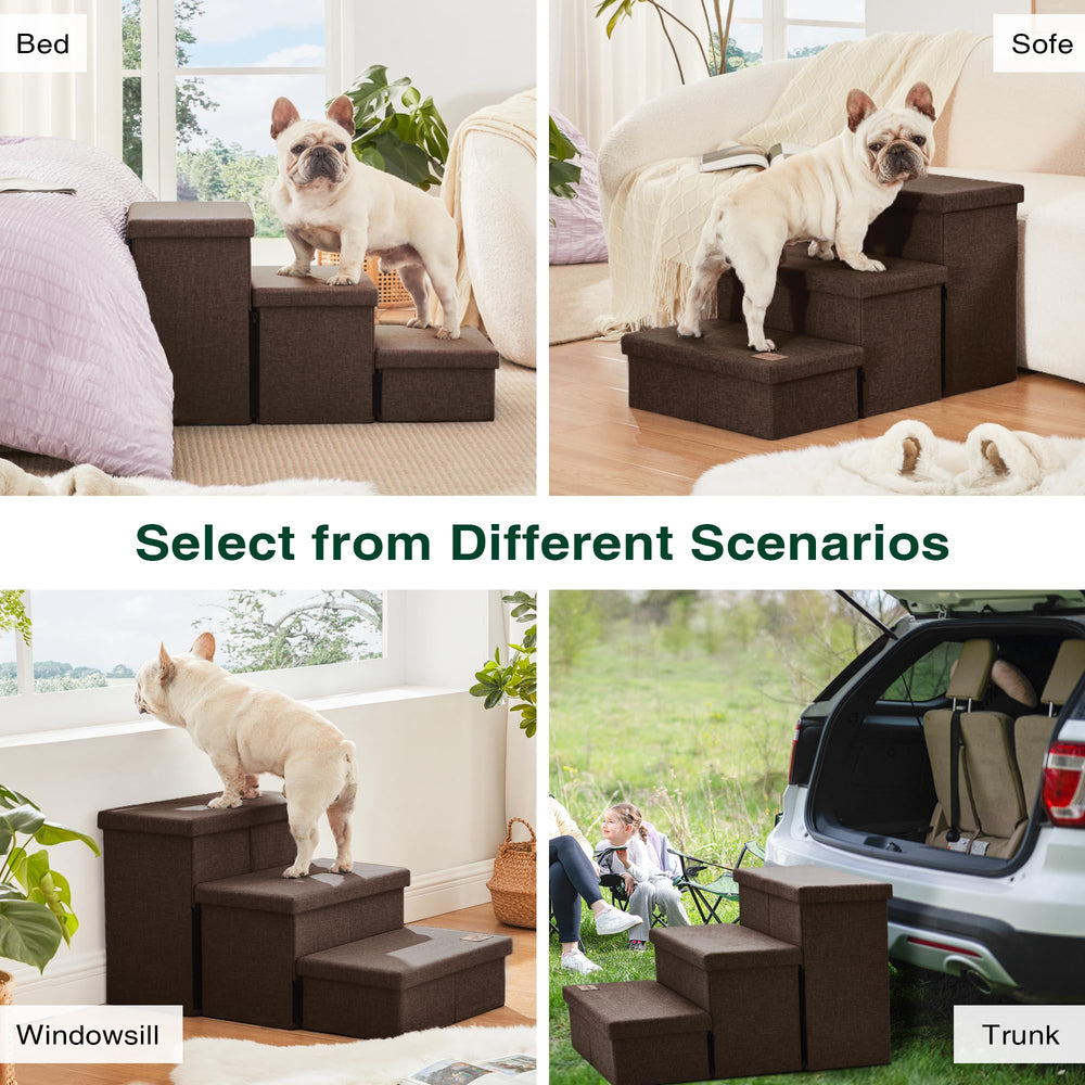 Love's cabin dog stairs folded compact for easy storage when not in use.