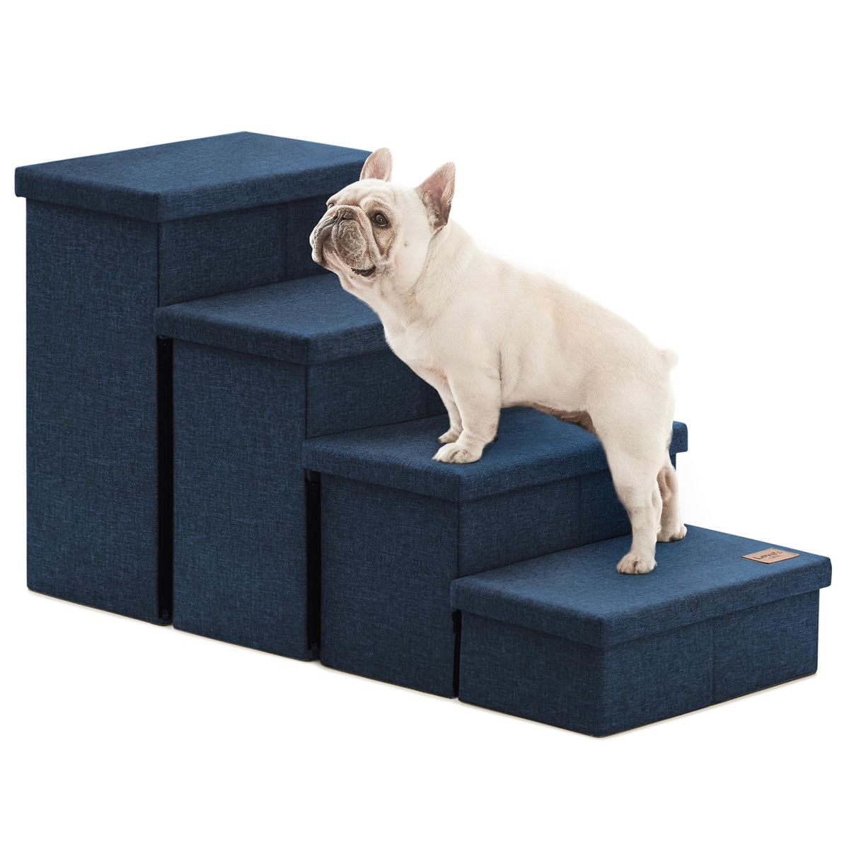 Love's cabin dog stairs folded for storage, space-saving design.