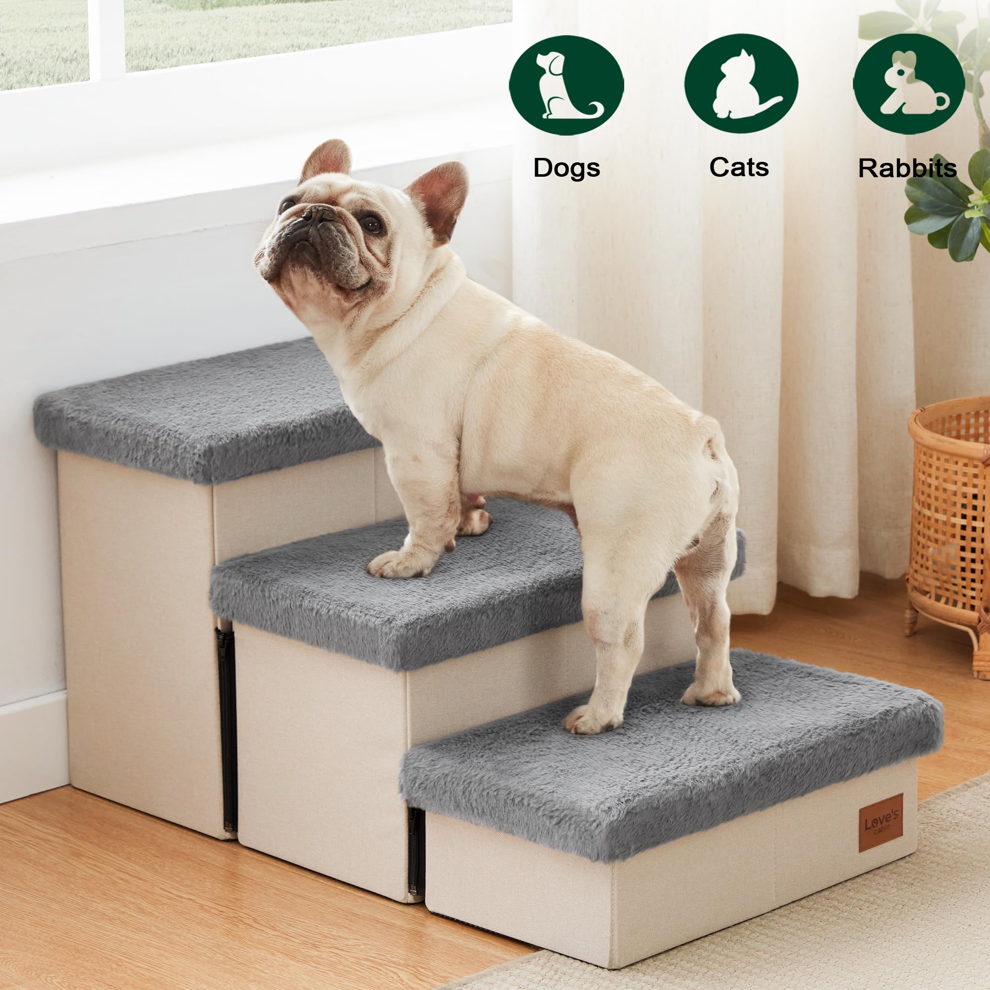 Love's cabin dog stairs grey fabric closeup shows soft wear resistant upholstery for pets.