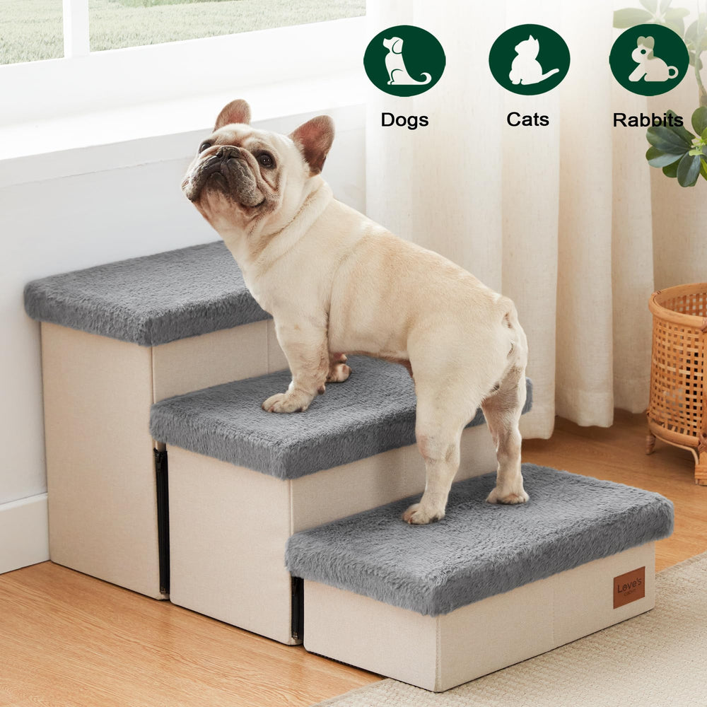 Love's cabin dog stairs grey fabric closeup shows soft wear resistant upholstery for pets.