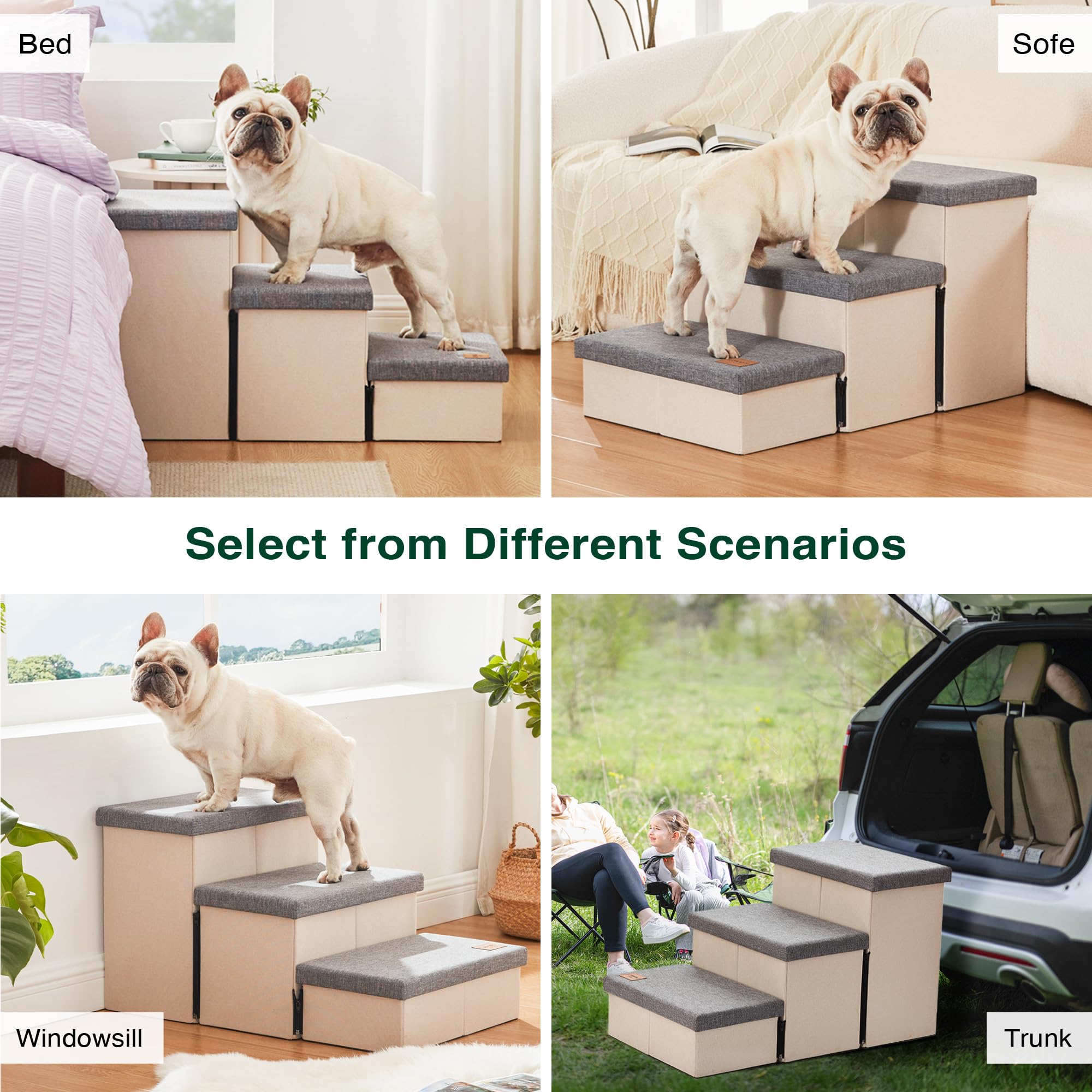 Love's cabin dog stairs in use on bed helps pets climb easily.