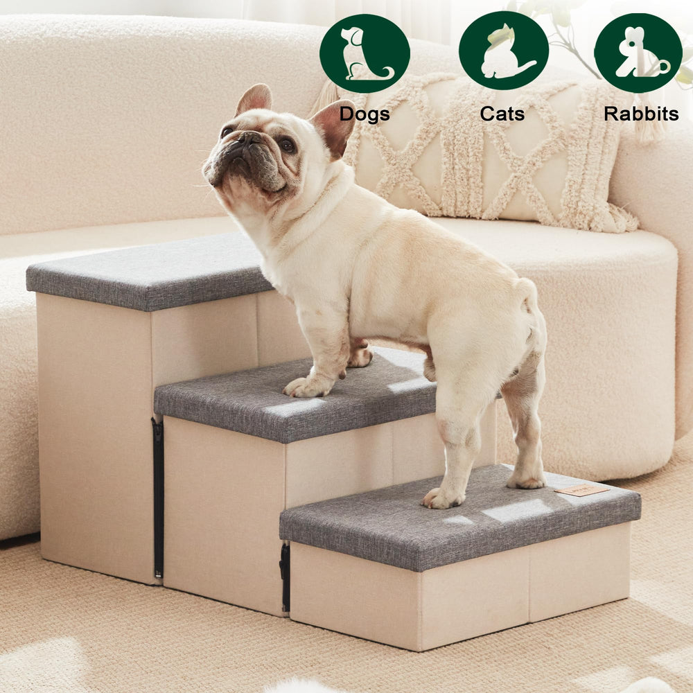 Love's cabin dog stairs light-grey fabric complements decor while remaining lightweight.