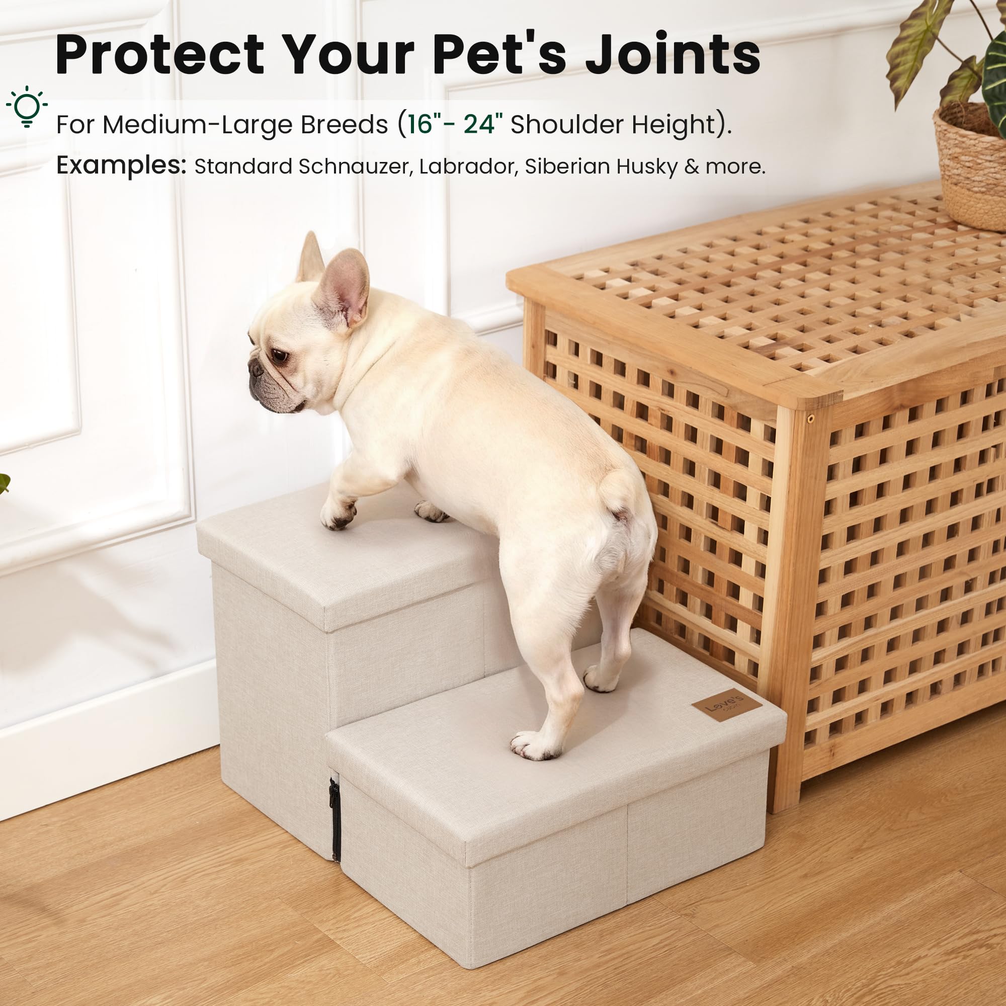 Love's cabin dog stairs on bed height, easy access for aging pets.