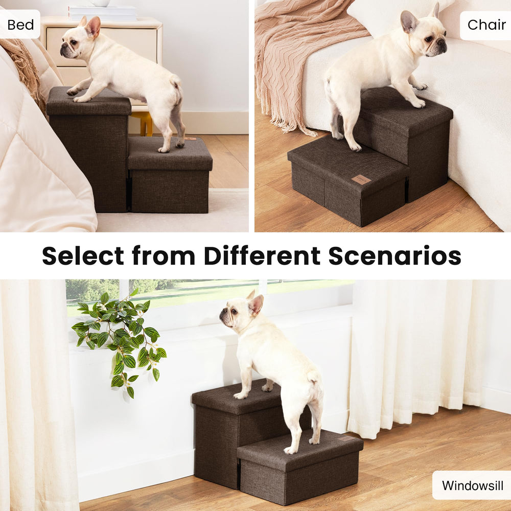 Love's cabin dog stairs in use on couch shows easy climb.