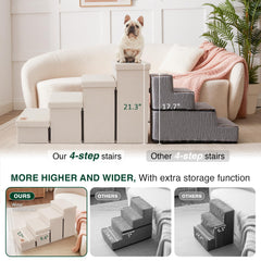 Love's cabin dog stairs storage boxes under steps for pet gear.