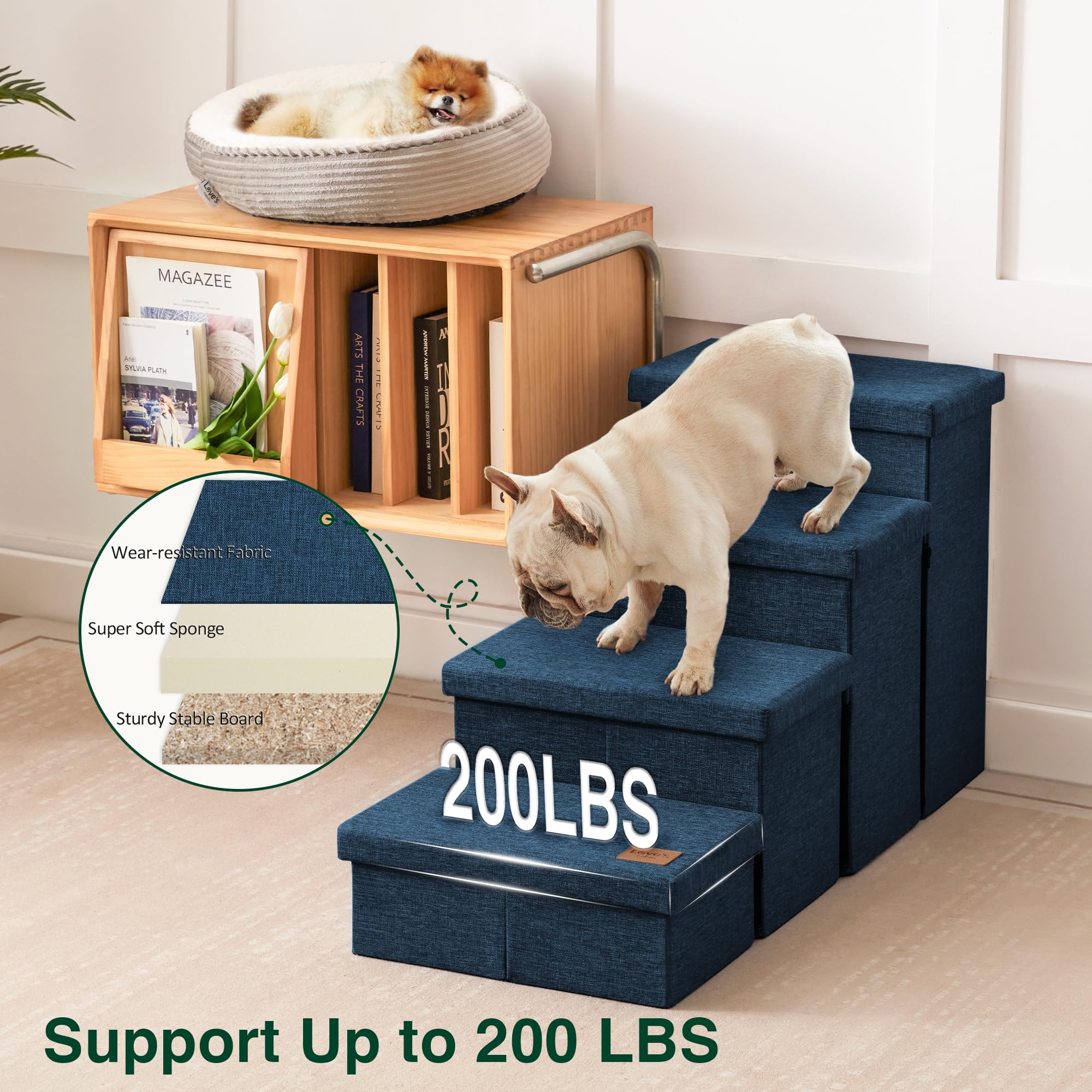 Love's cabin dog stairs four storage compartments hold leashes and blankets.