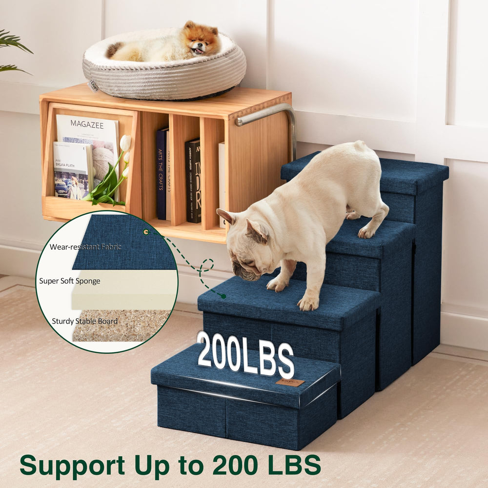 Love's cabin dog stairs four storage compartments hold leashes and blankets.