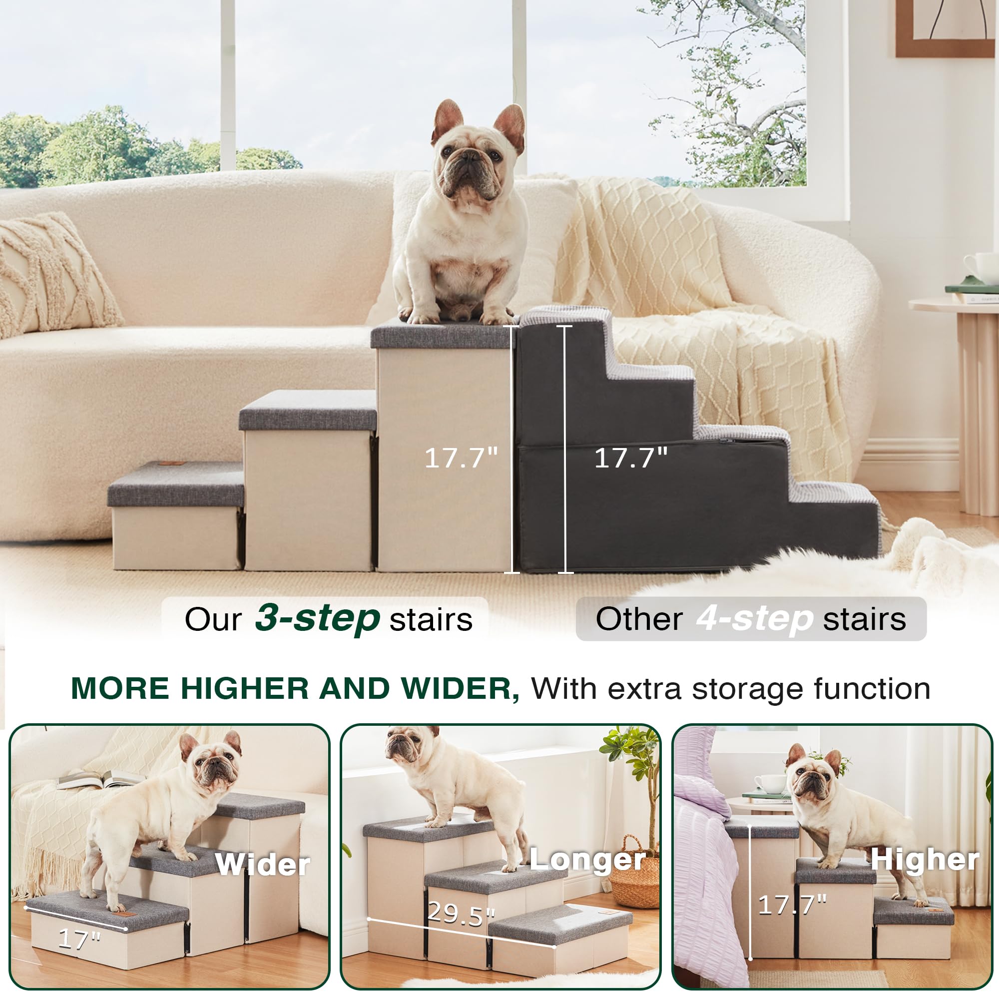 Love's cabin dog stairs storage underneath the steps for blankets and toys.