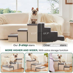 Love's cabin dog stairs storage underneath the steps for blankets and toys.