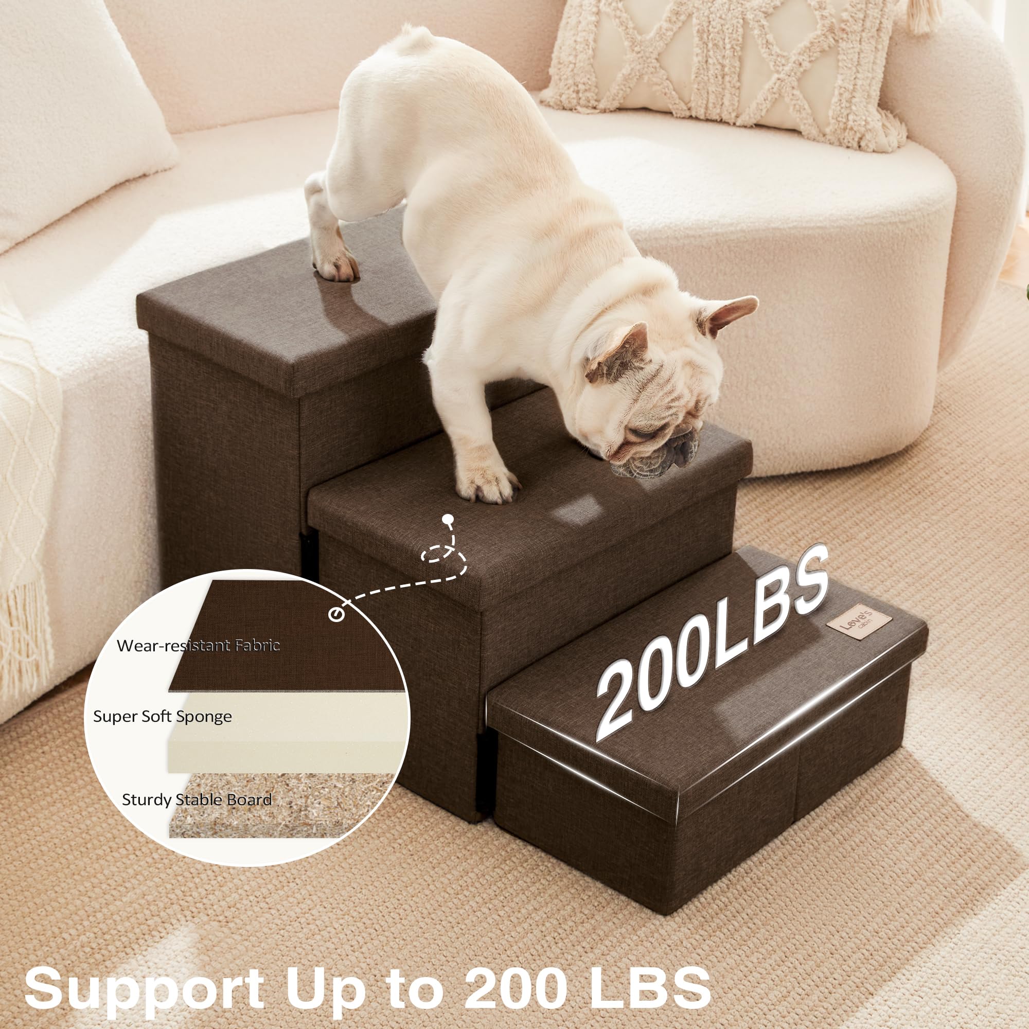 Love's cabin dog stairs beside an 18-inch bed help pets climb easily.
