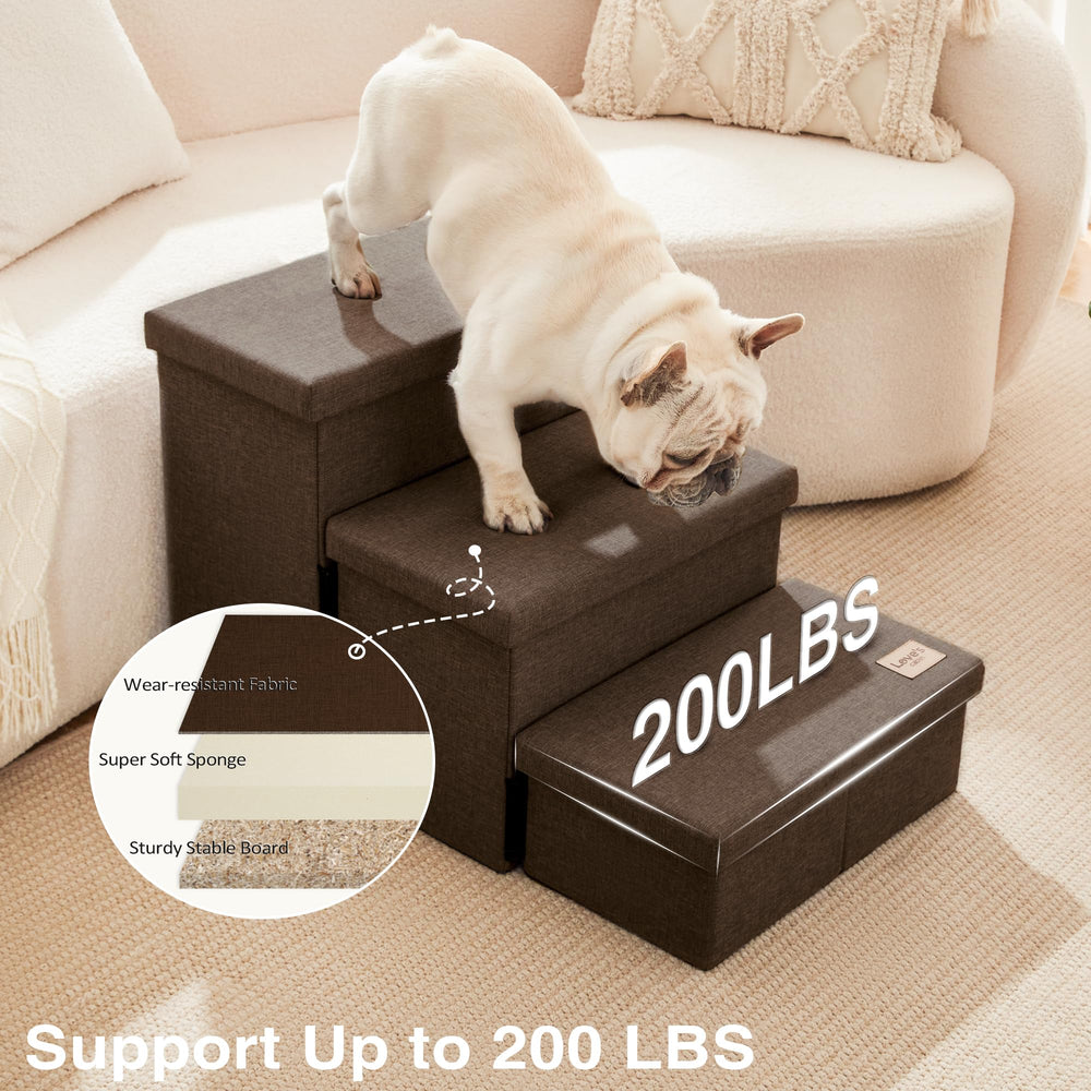Love's cabin dog stairs beside an 18-inch bed help pets climb easily.