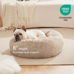 Love's cabin donut-round bed close-up shows plush fur texture for cozy naps.