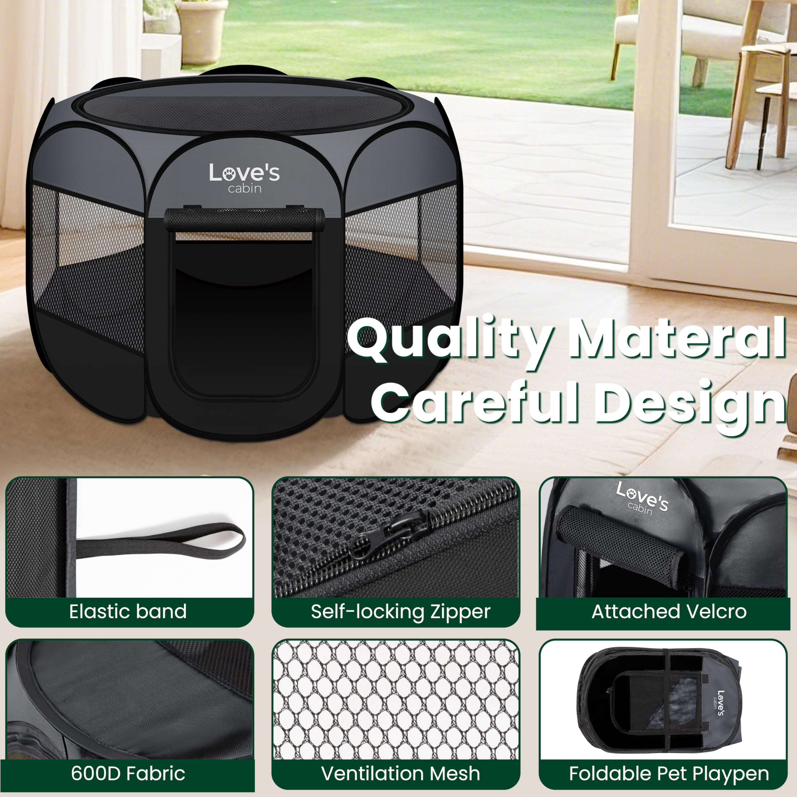 Love's cabin durable 600D fabric and mesh ensure airflow and longevity.