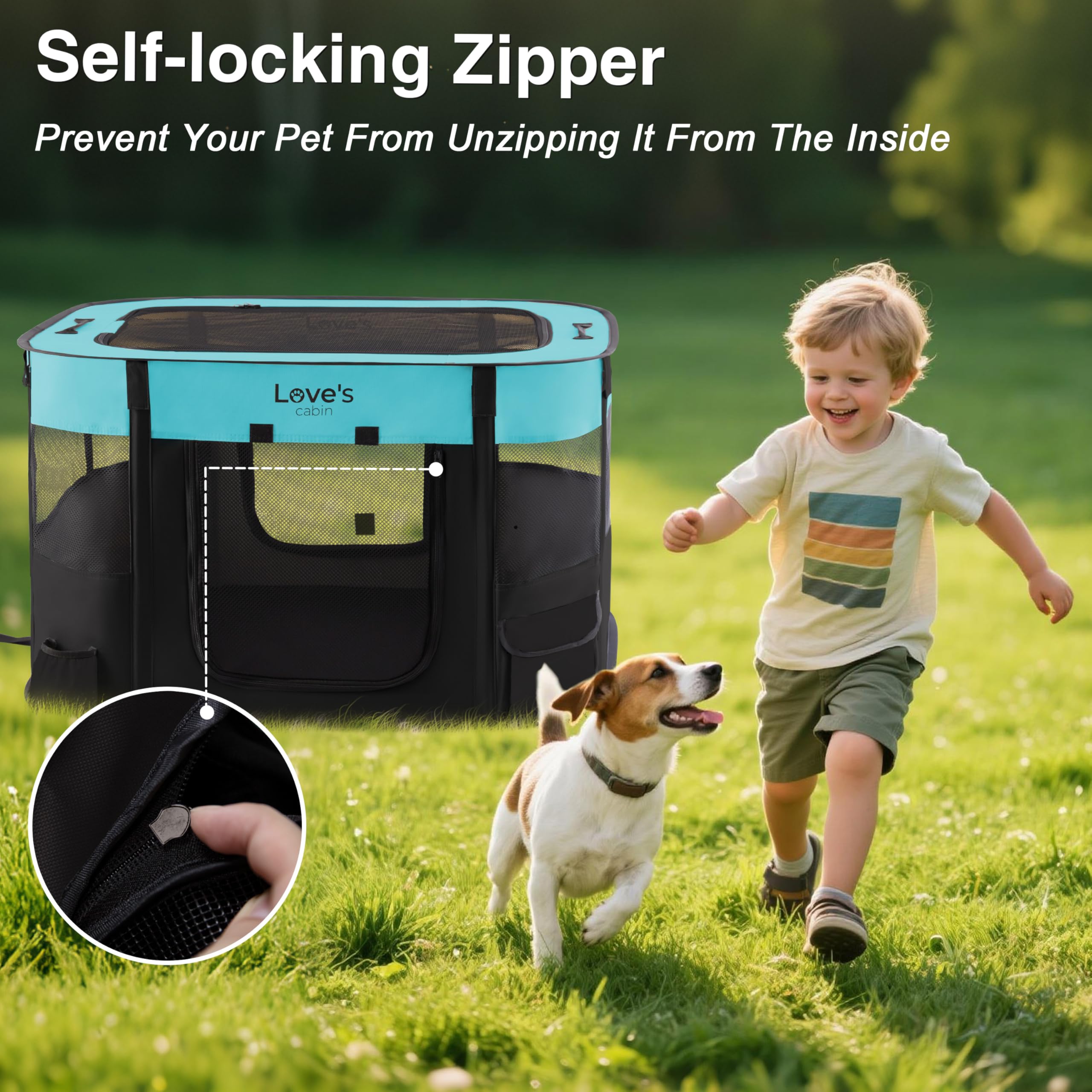Love's cabin setup for indoor or outdoor use with pet inside.