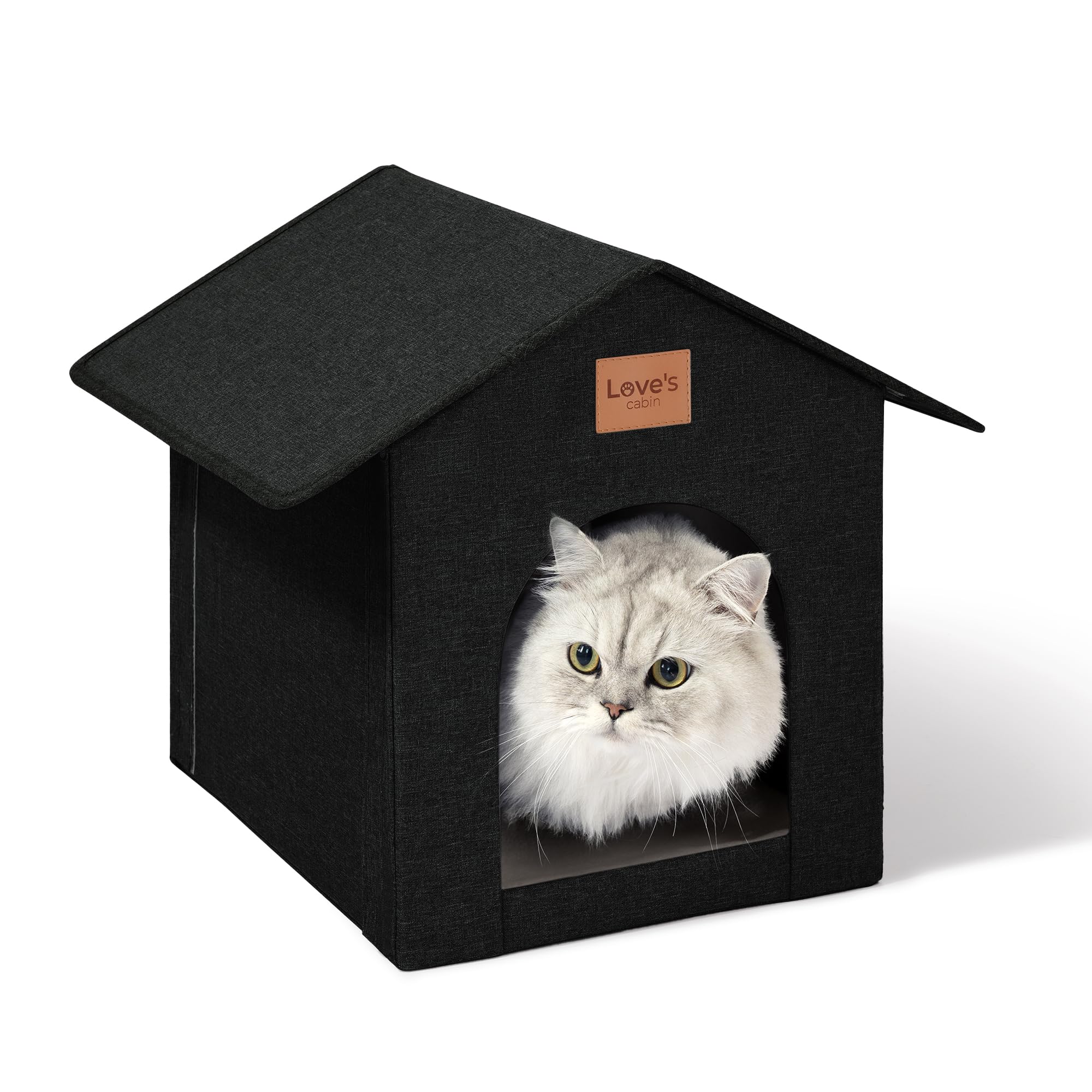 Love's cabin outdoor cat house weatherproof front view highlights a cozy shelter for year-round use.