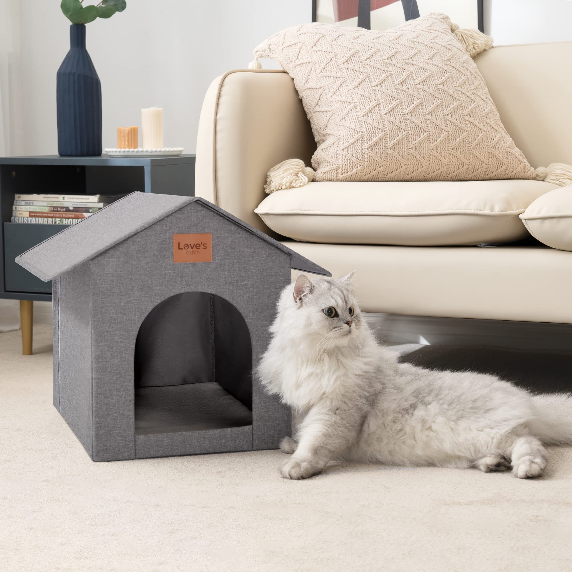 Love's cabin grey cat house with cushion offers year-round comfort