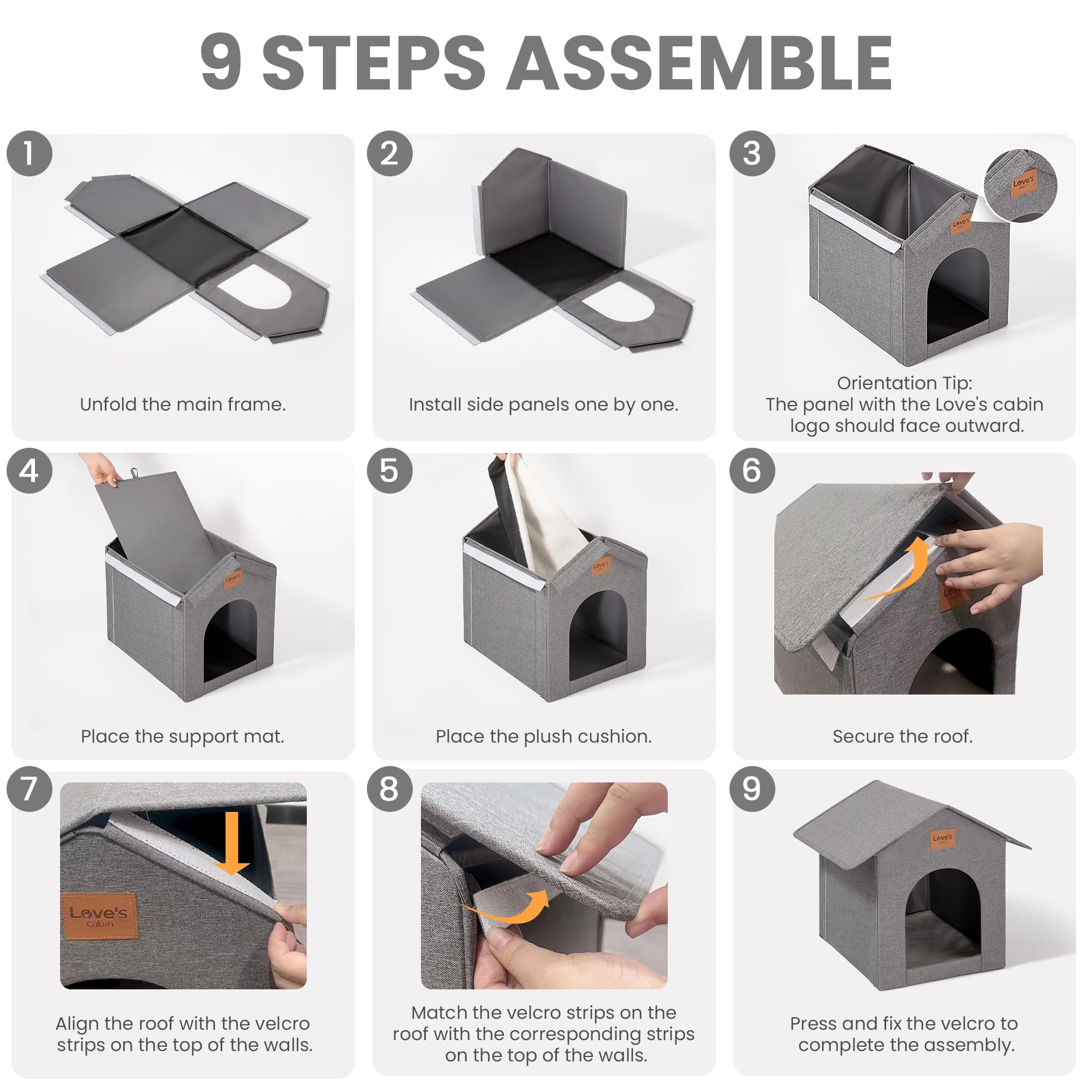 Love's cabin velcro-assembly image demonstrates tool-free setup
