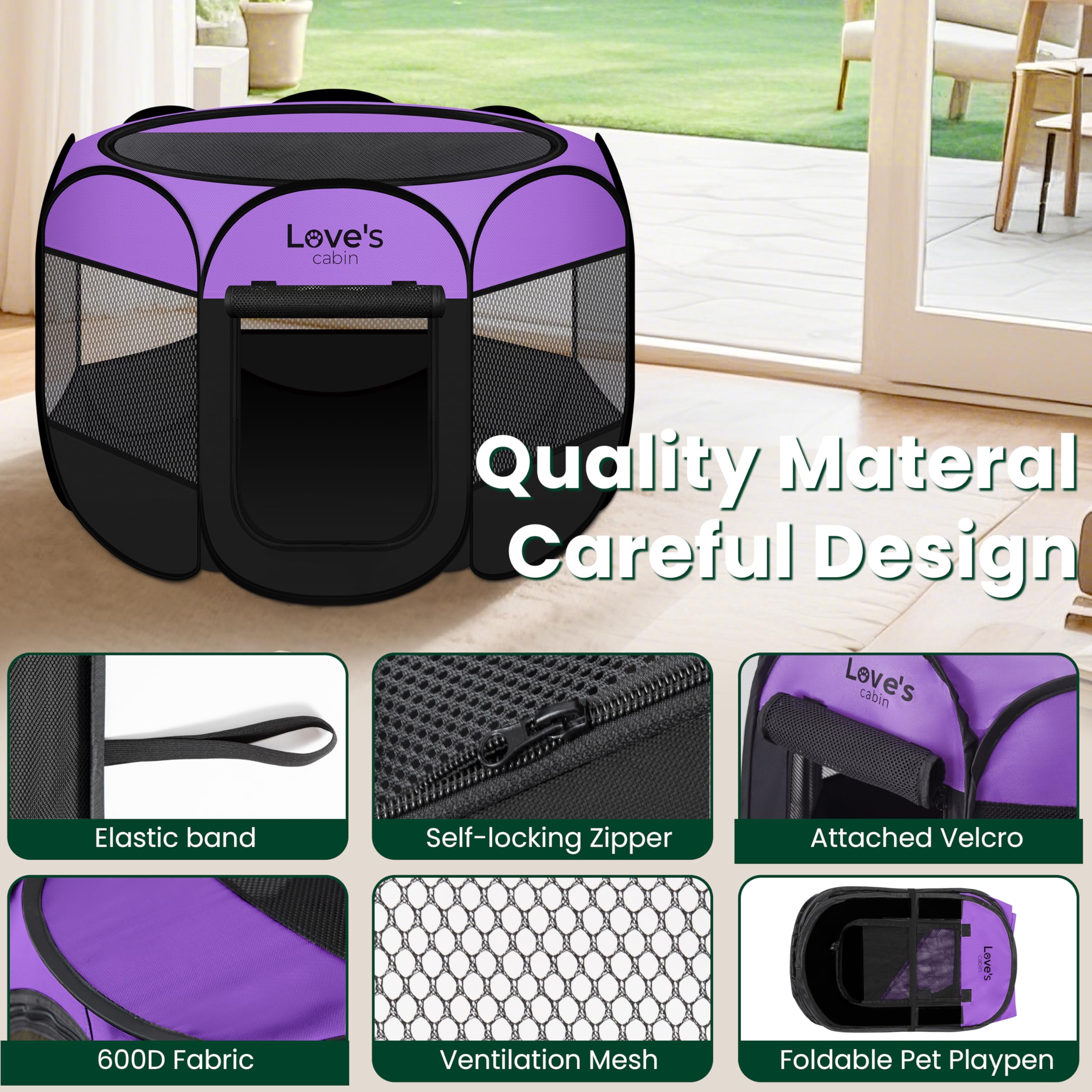 Love's cabin Pet Playpen 8-panel circle design ensures secure play area.