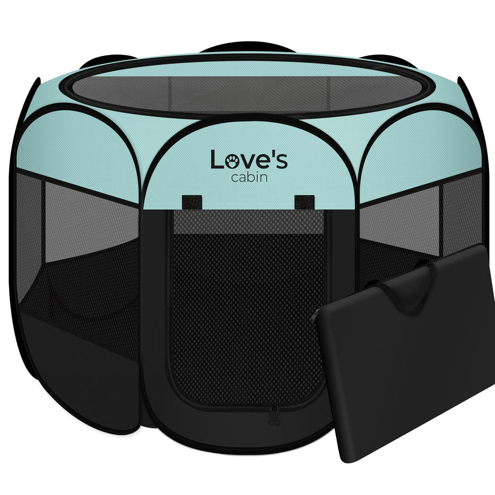 Love's cabin pet playpen folded in carrying case for quick transport