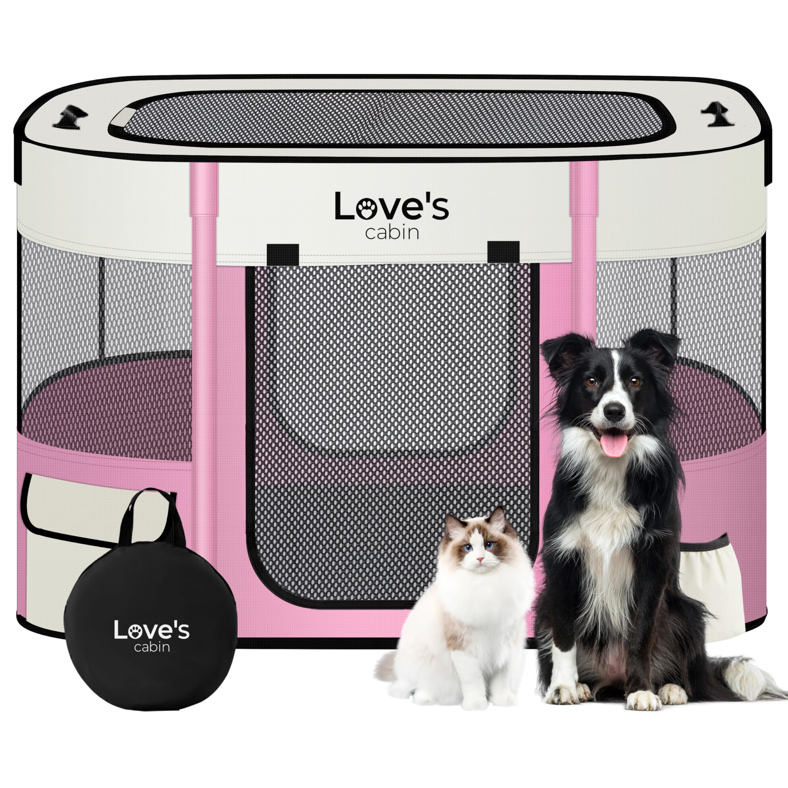 Love's cabin pet playpen folded with carrying case for easy transport.