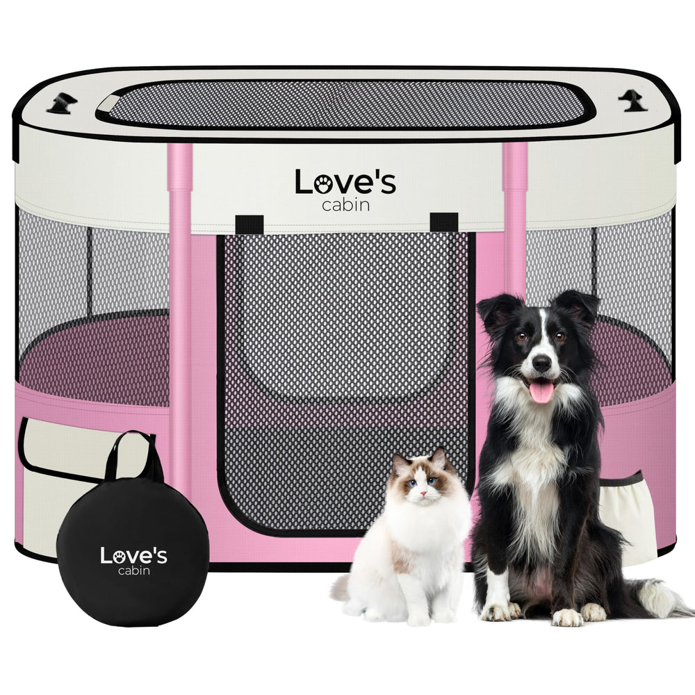 Love's cabin pet playpen folded with carrying case for easy transport.