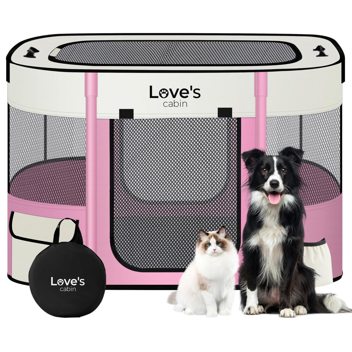 Love's cabin pet playpen folded with carrying case for easy transport.