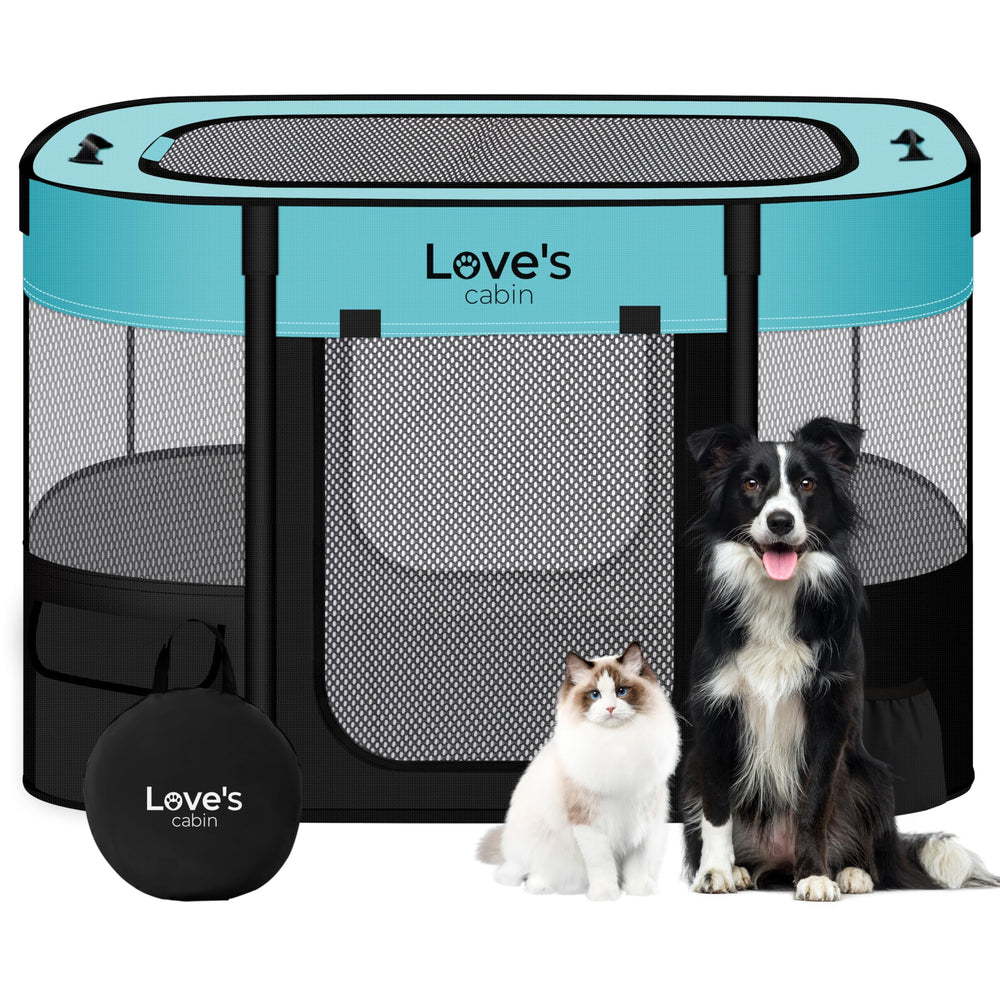 Love's cabin pet playpen front view in green for indoor-outdoor versatility.