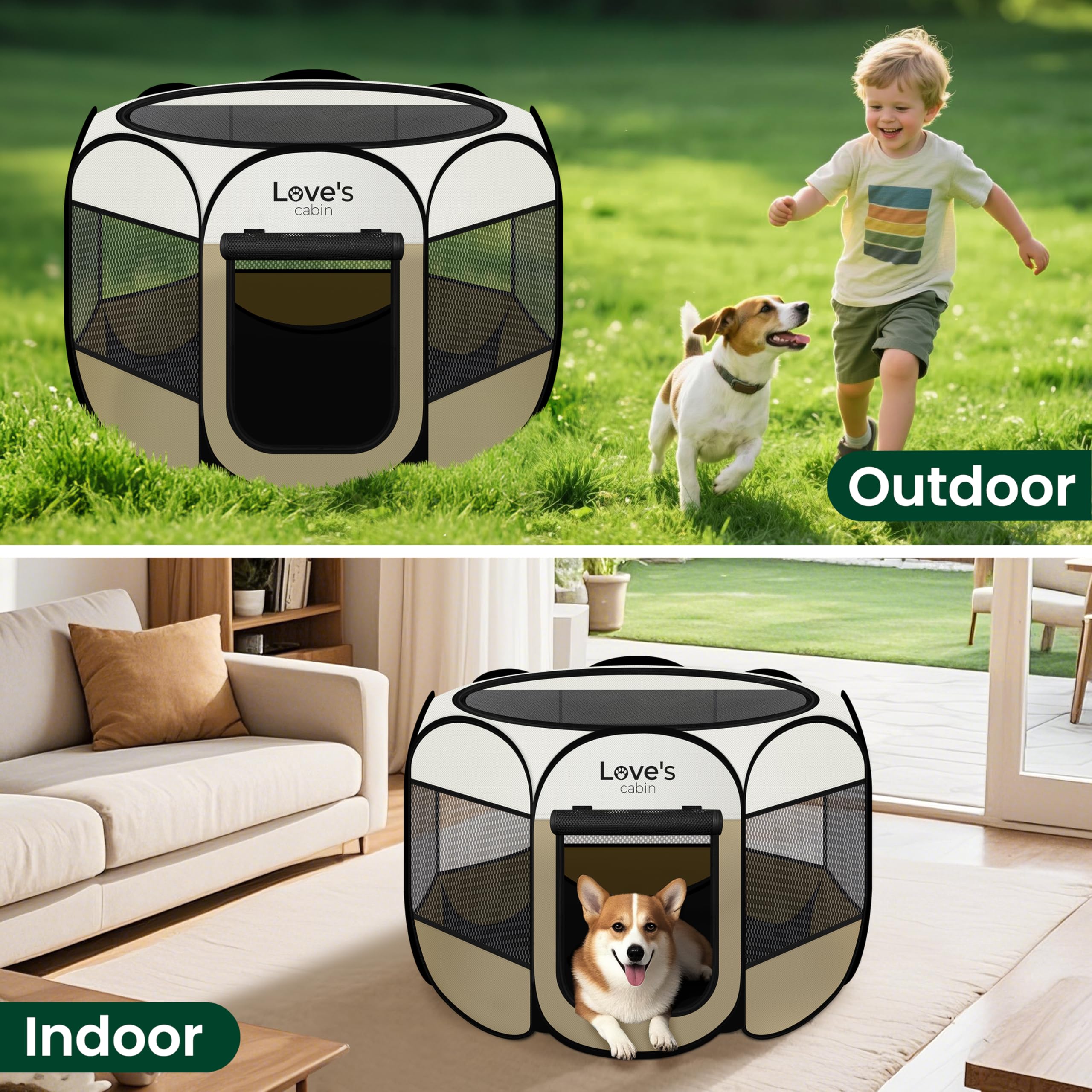 Love's cabin playpen used indoors or outdoors supports safe pet containment