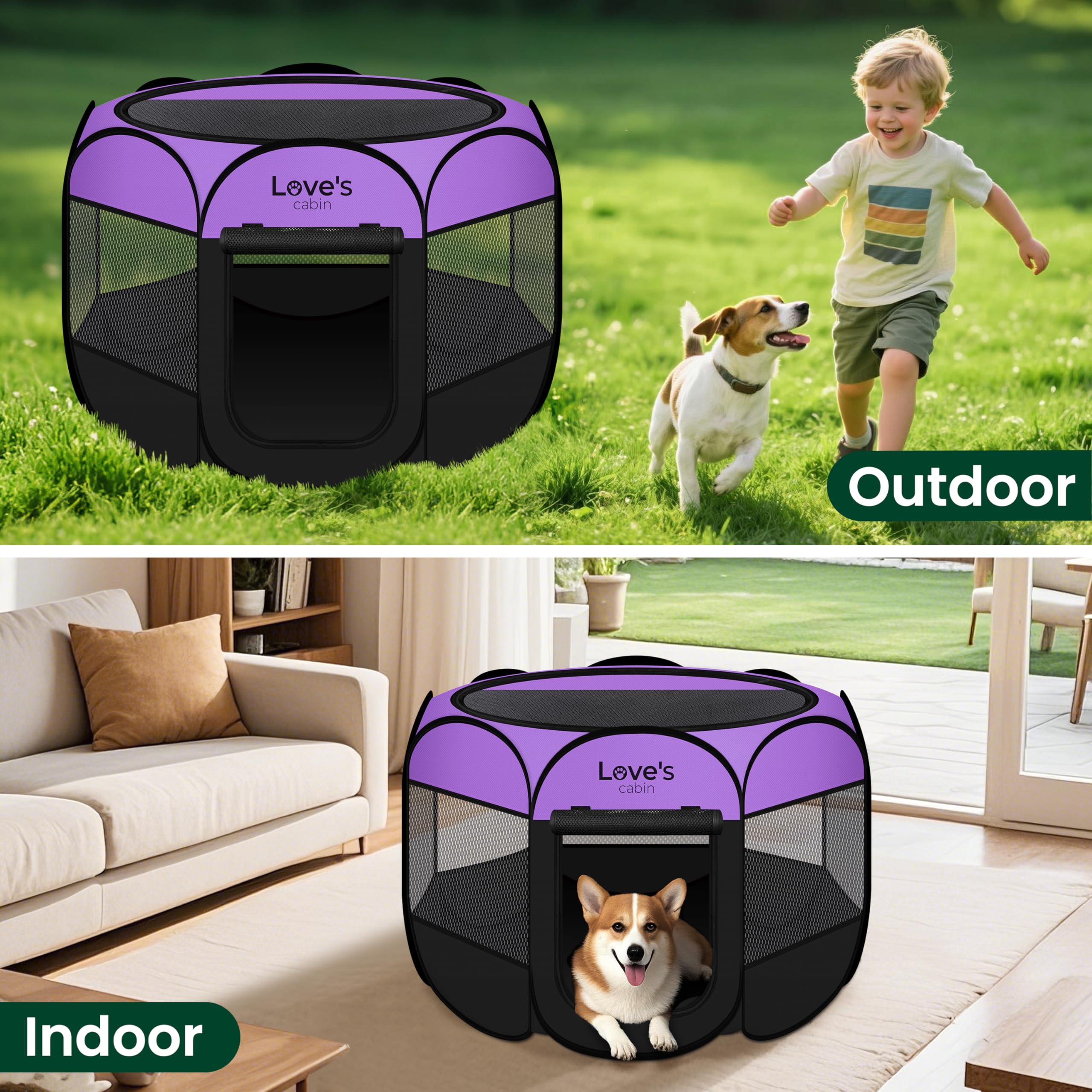 Love's cabin Pet Playpen outdoor setup on grass highlights flexible spaces.