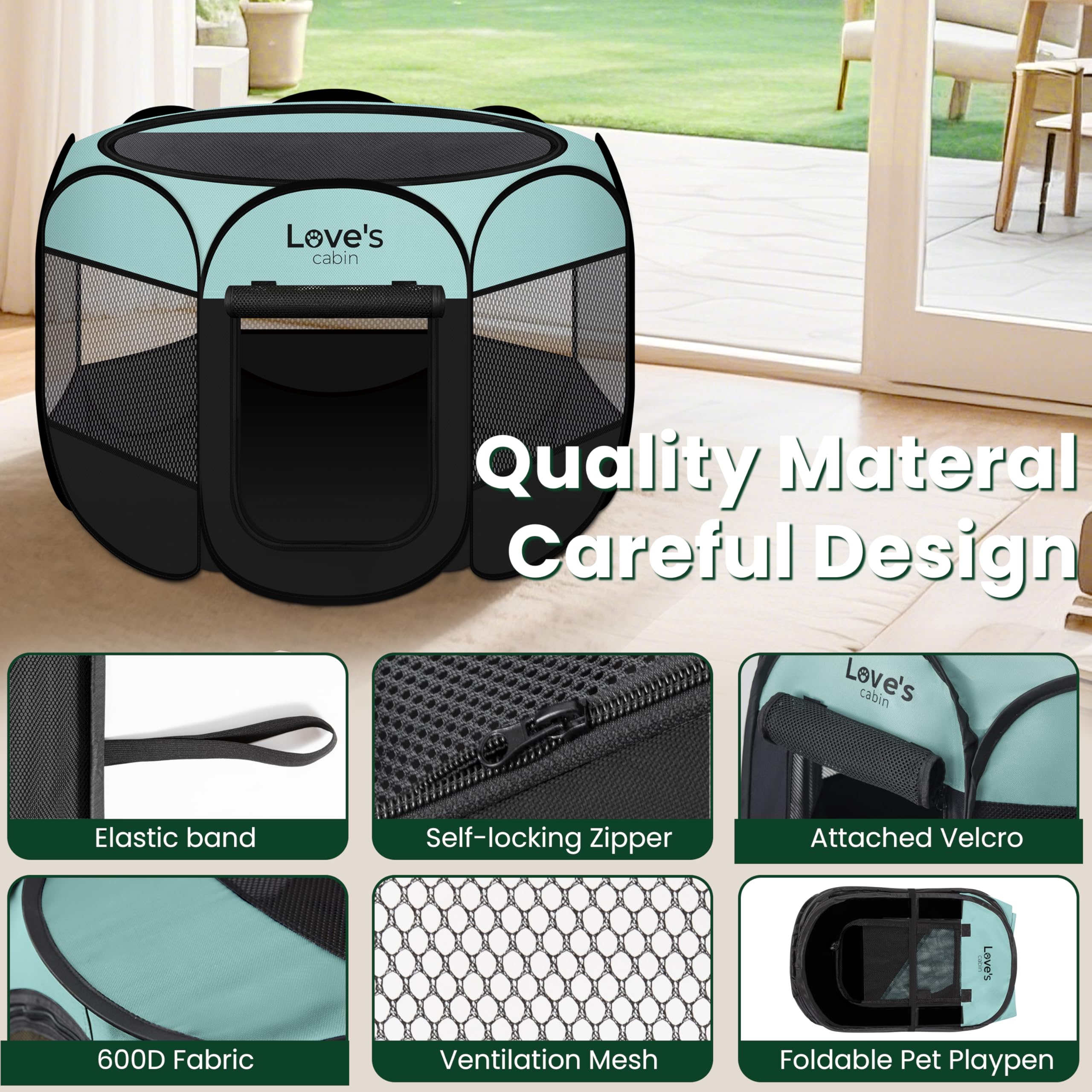 Love's cabin pet playpen removable top for shade or indoor use