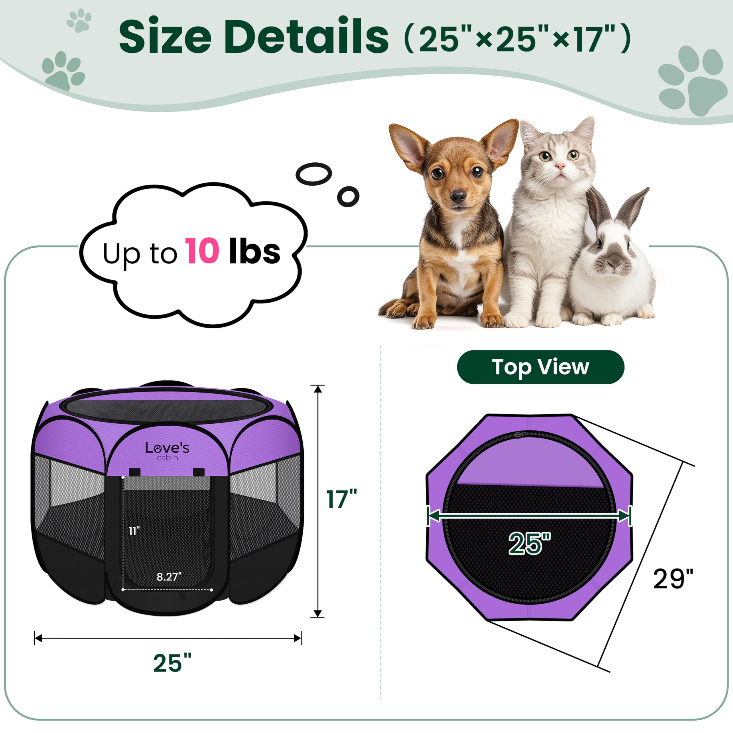 Love's cabin Pet Playpen removable top shows shade options for outdoor use.