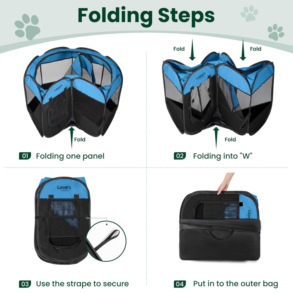 Love's cabin blue playpen with zippered door for easy access.