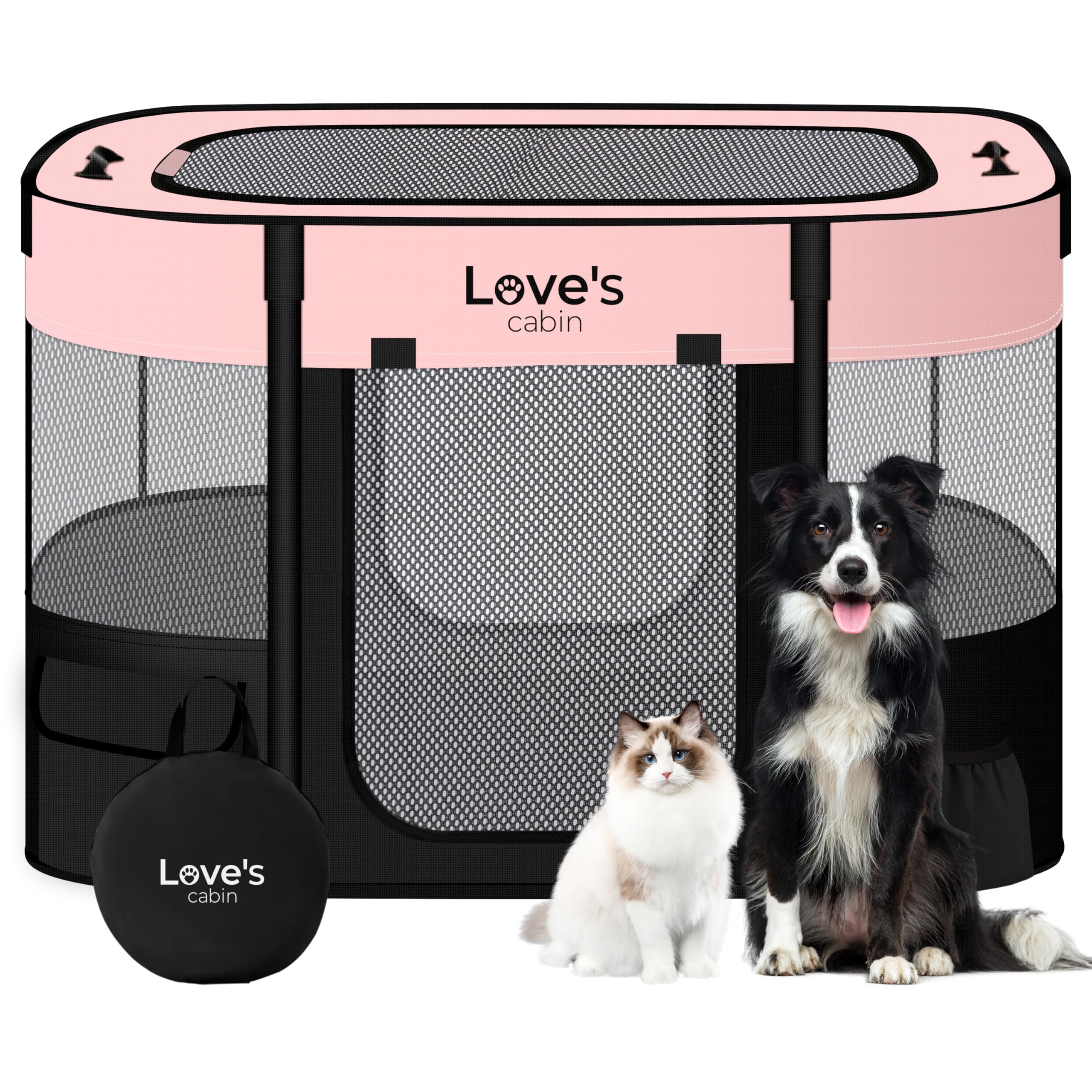 Love's cabin pink large playpen shows four-panel design for pets