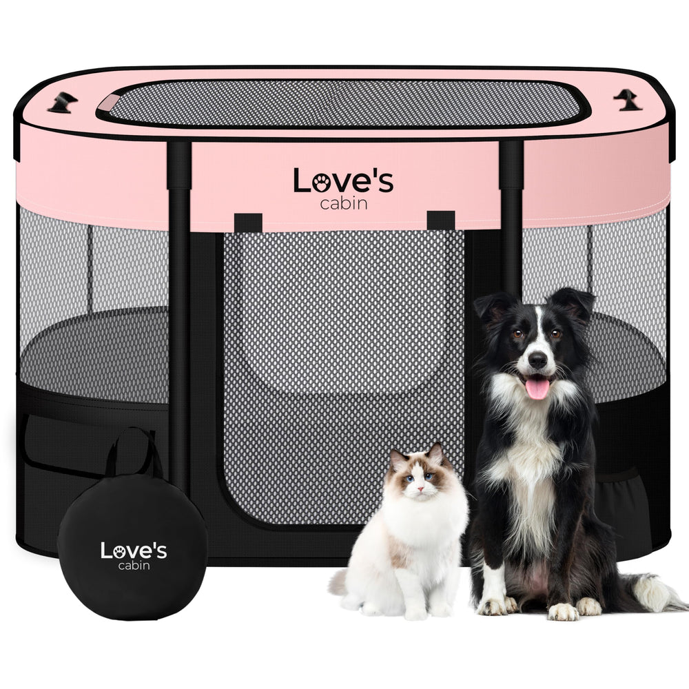 Love's cabin pink pet playpen assembled for small dogs in safe 4-panel setup.