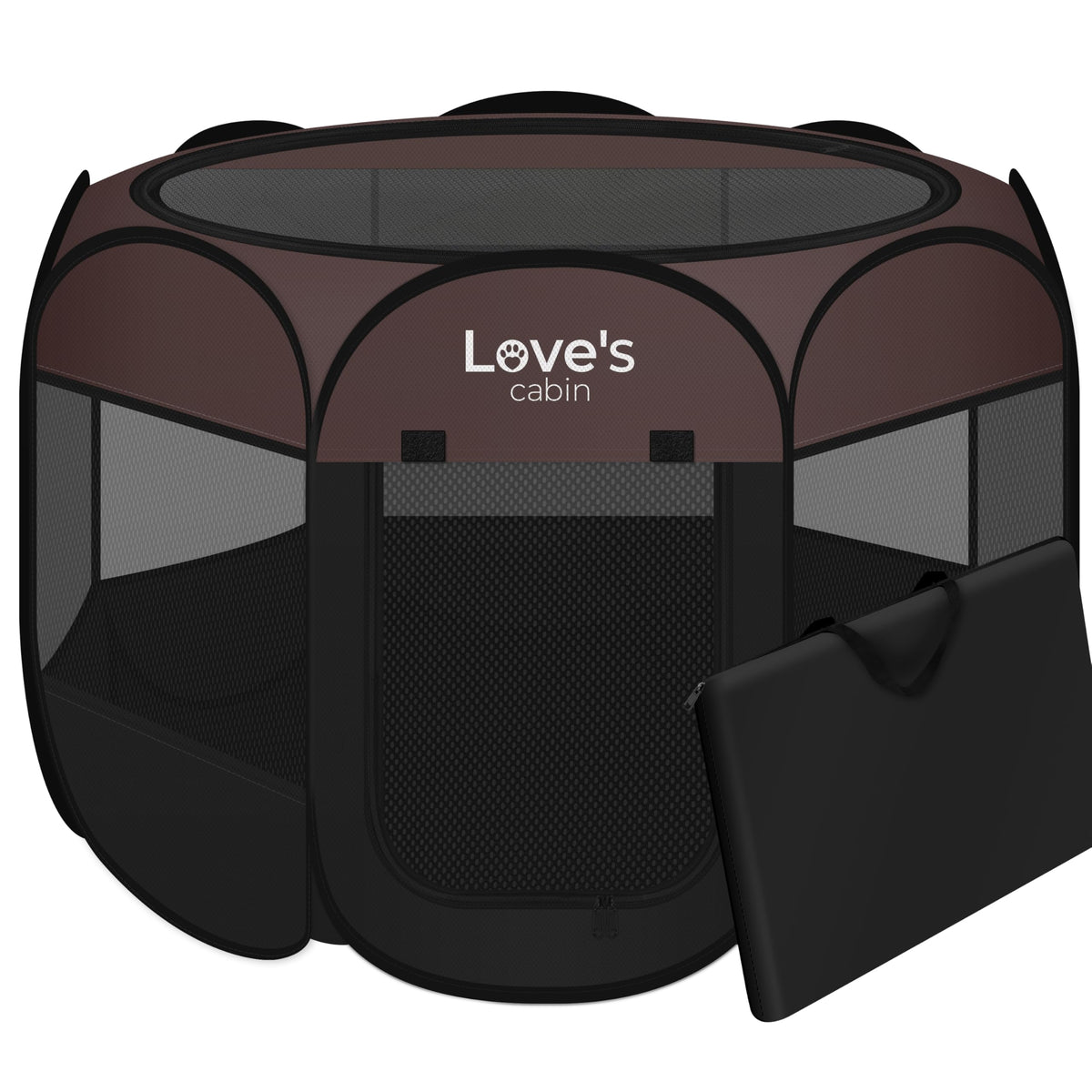 Love's cabin playpen folded storage case demonstrates portability and easy stowaway convenience.