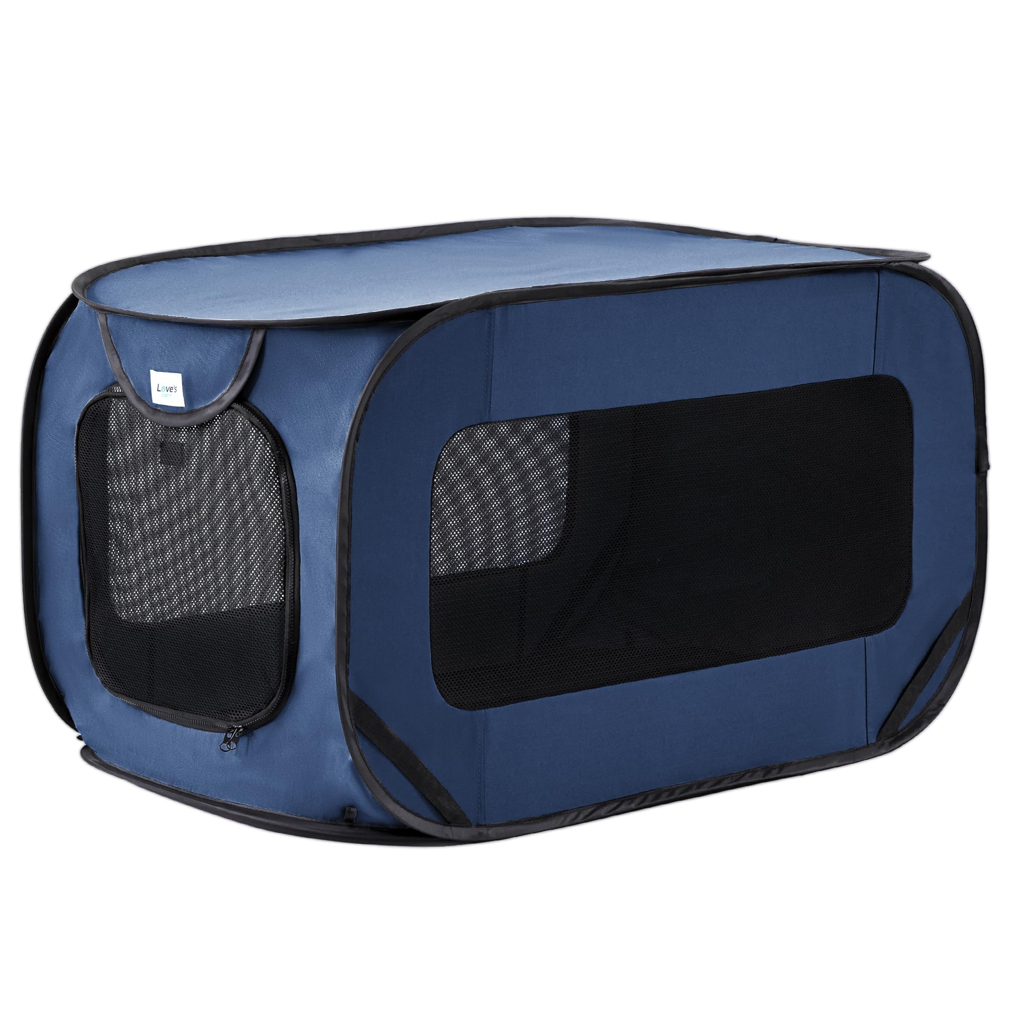 Love's cabin pop-up dog kennel folded for portable storage and travel convenience.