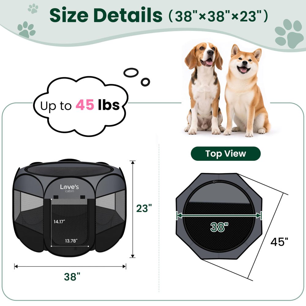 Love's cabin pop-up kennel outdoors provides shade and instant shelter.