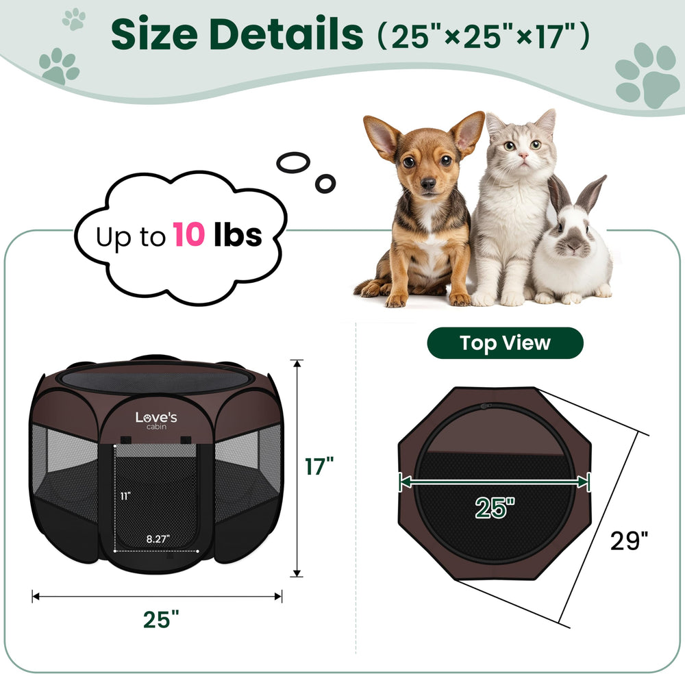 Love's cabin puppy playpen zippered top removable for indoor shade or outdoor sun.
