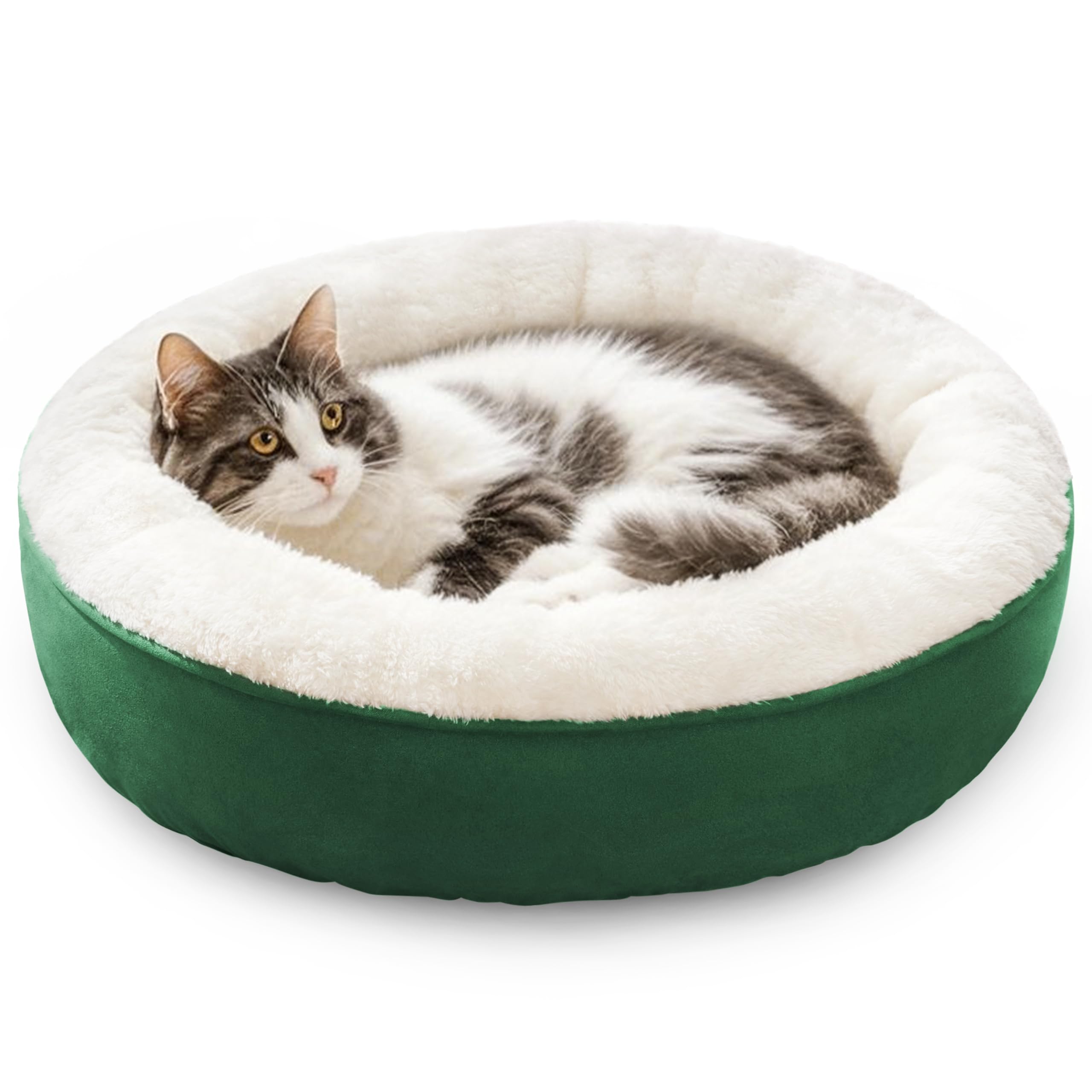 Love's cabin round-donut-bed close-up green fabric for cozy lounging