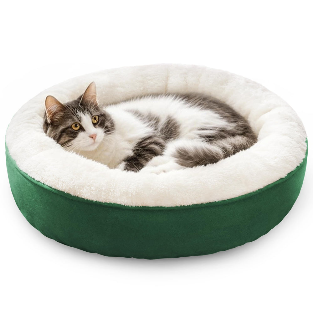 Love's cabin round-donut-bed close-up green fabric for cozy lounging