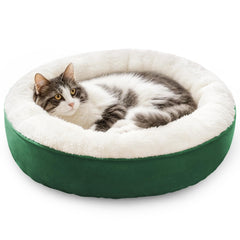 Love's cabin round-donut-bed close-up green fabric for cozy lounging