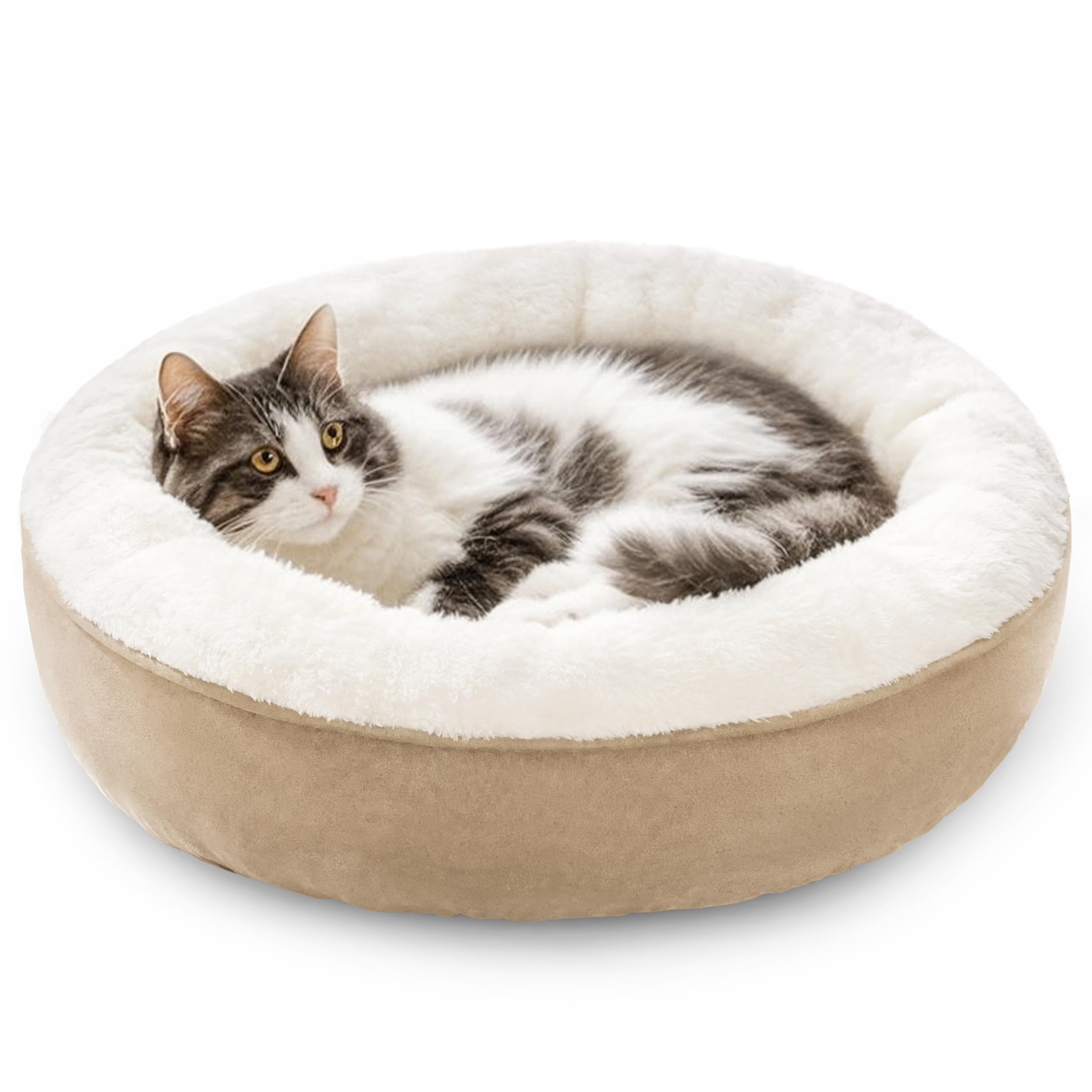 Love's cabin round donut bed camel front view shows nest walls for cozy naps