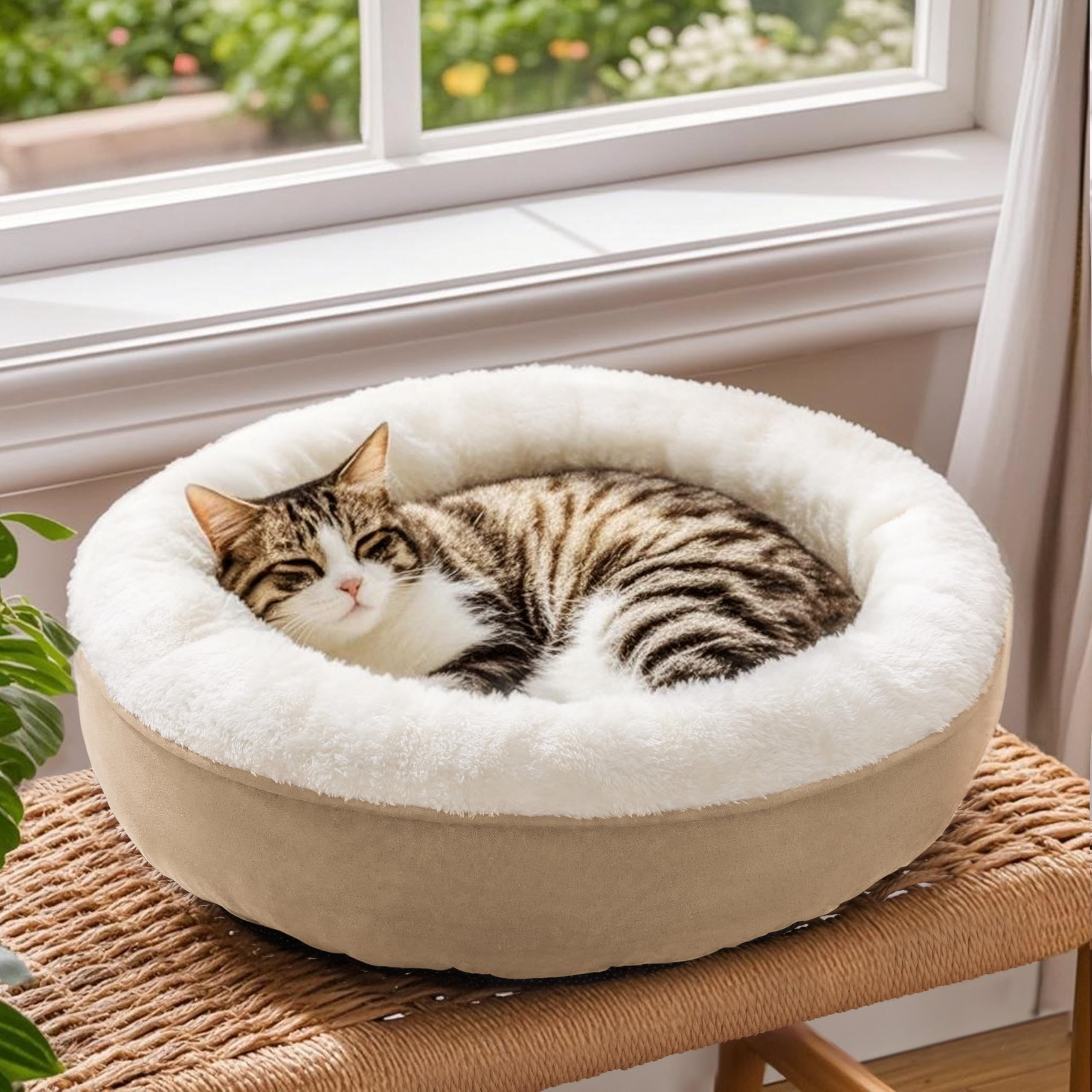 Love's cabin round donut bed camel machine-washable fabric for easy care