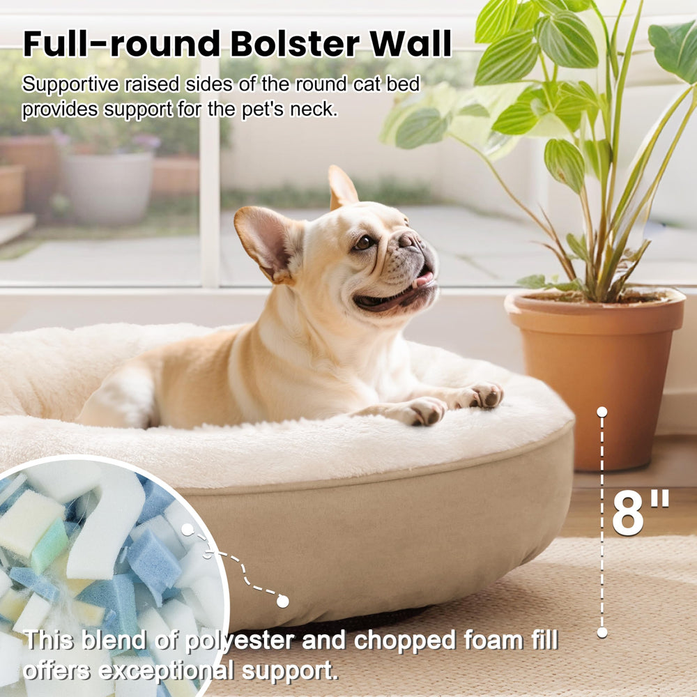 Love's cabin round donut bed camel fabric detail shows OEKO-TEX certified materials